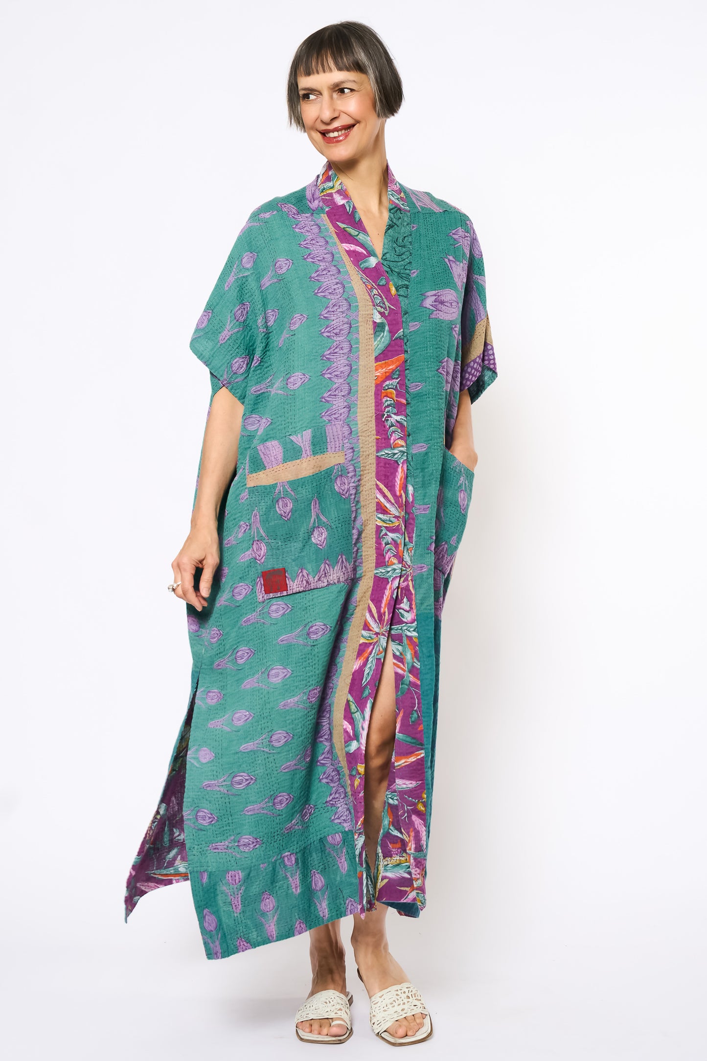 VINTAGE COTTON KANTHA PONCHO DRESS - cv2443-0001a -