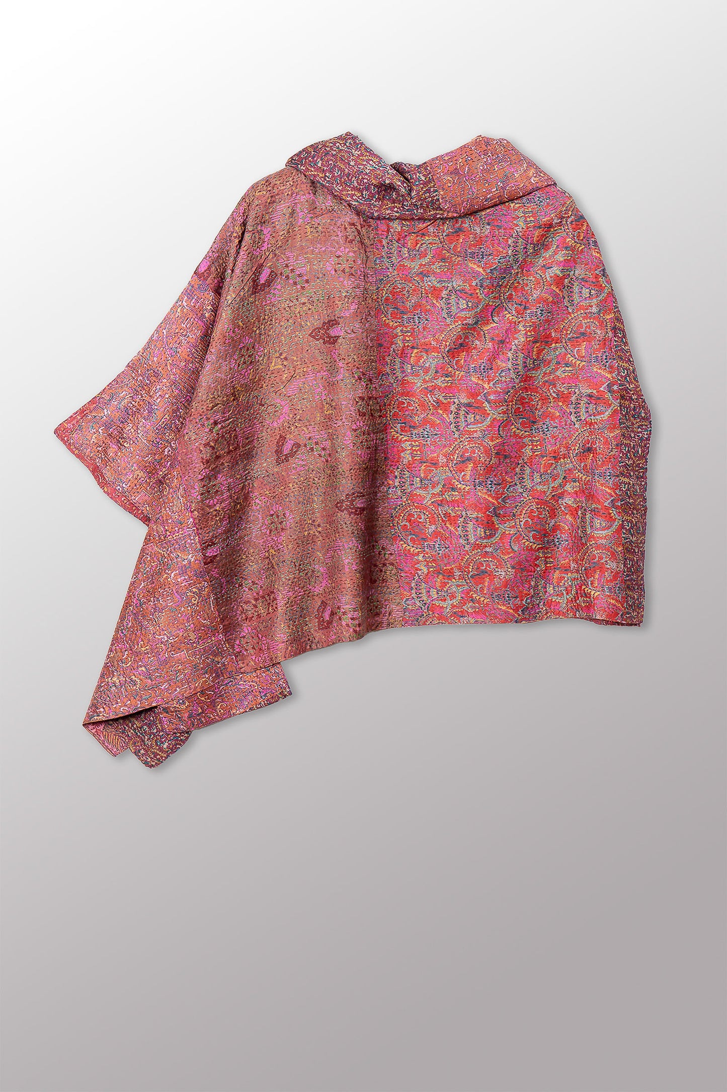 VINTAGE SILK KANTHA COWL NECK LONG CAPE - sv2842-0023a -