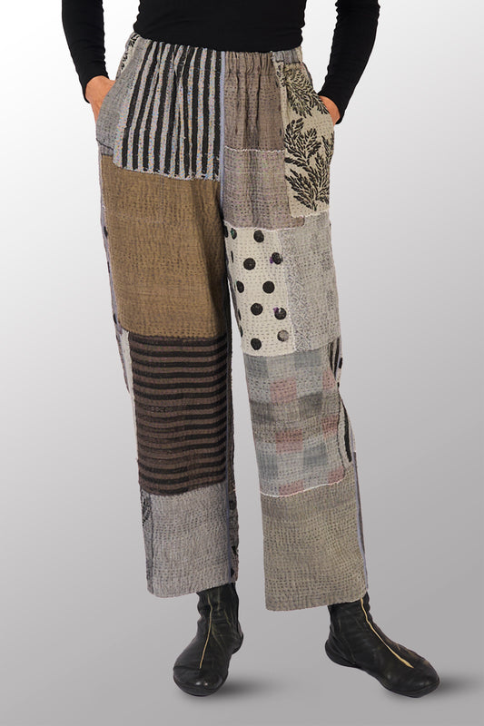 FRAYED PATCH KANTHA  WITH STAMP STRAIGHT PANTS - sp-fi4664-gry -