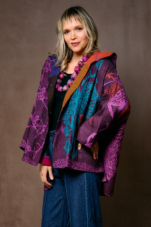 NIGHT FLOWERS KANTHA HOODIE PONCHO - nl4064-prp -