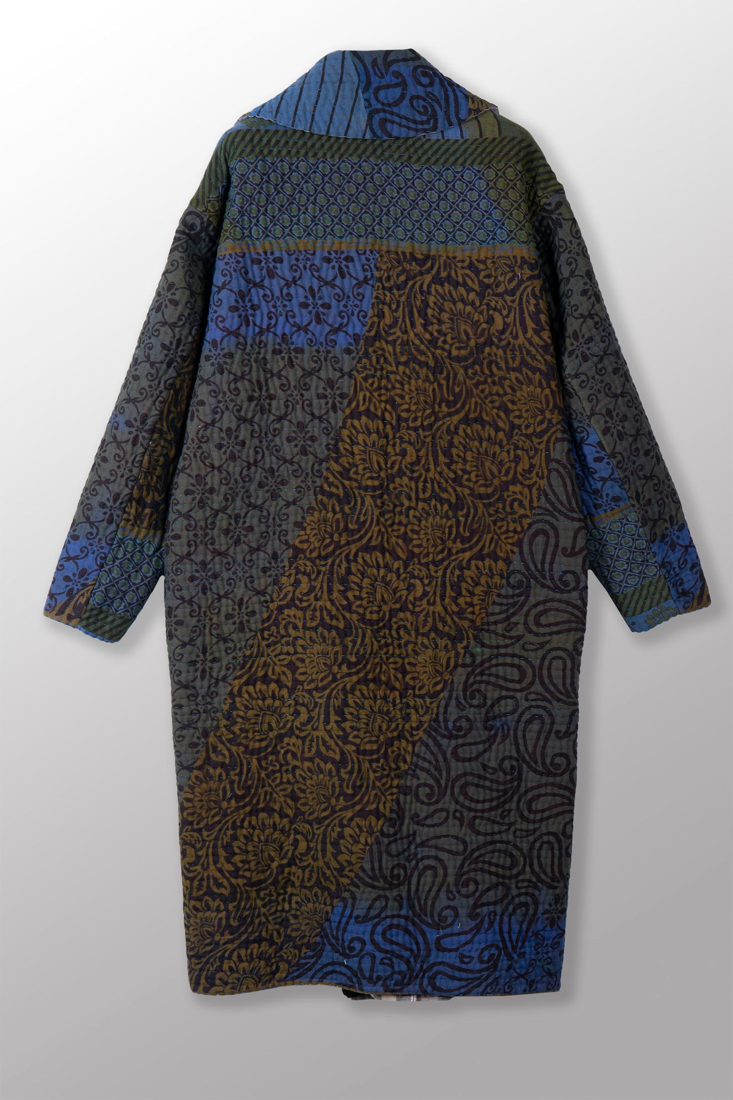 QUILTED OVERDYE COTTON KANTHA DOUBLE BREST LONG COAT - oq5340-cblu002a -