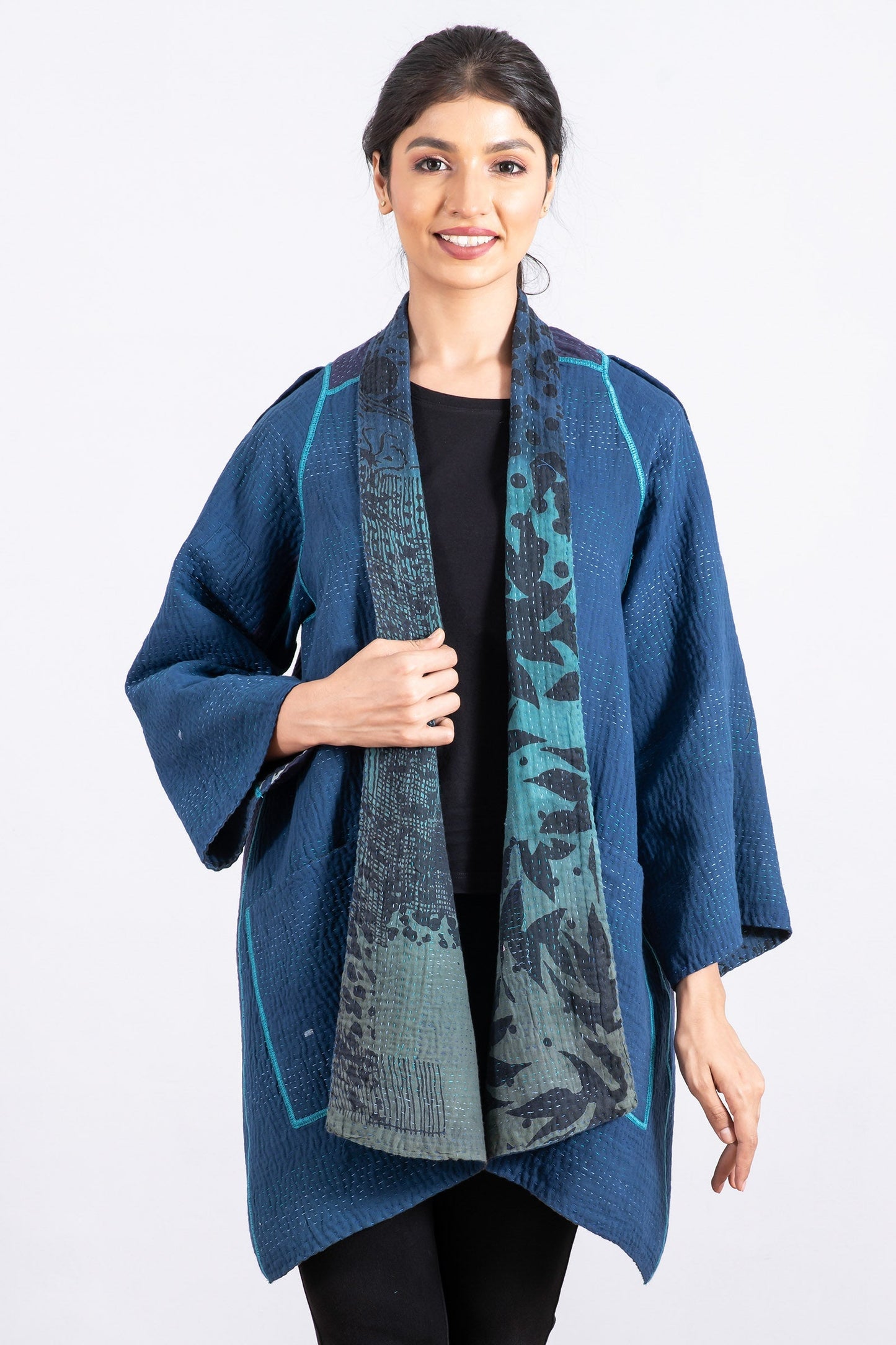 MONOTONE TWILIGHT PRINT KANTHA A-LINE JKT - tp4003-blu -