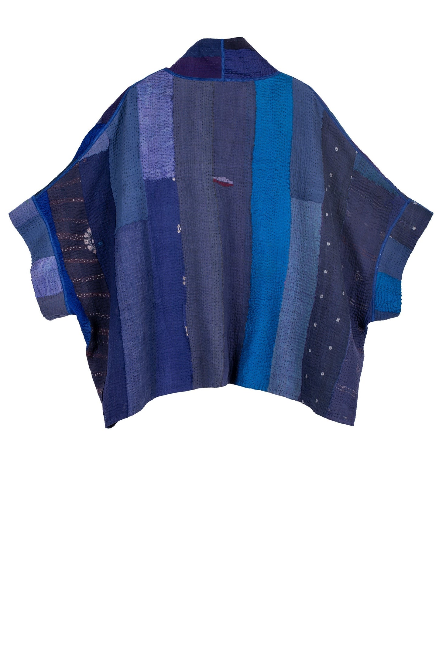 STRIPE AND CHECK COTTON SILK PATCH KANTHA MINI PONCHO - ss4060-blu -
