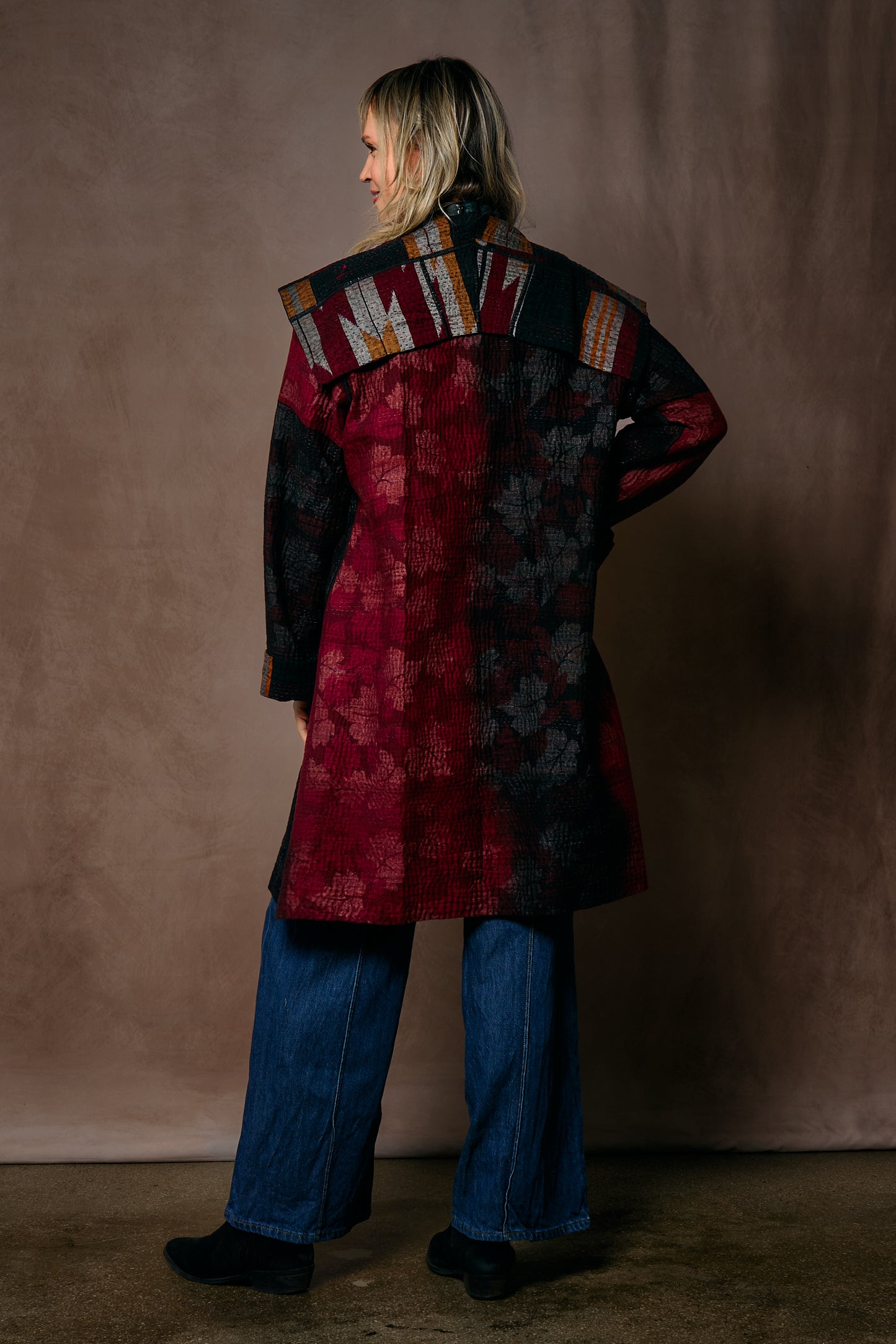WOVEN HANDLOOM IKAT WITH OMBRE KANTHA POCKET MEDIUM COAT - wh4316-red -