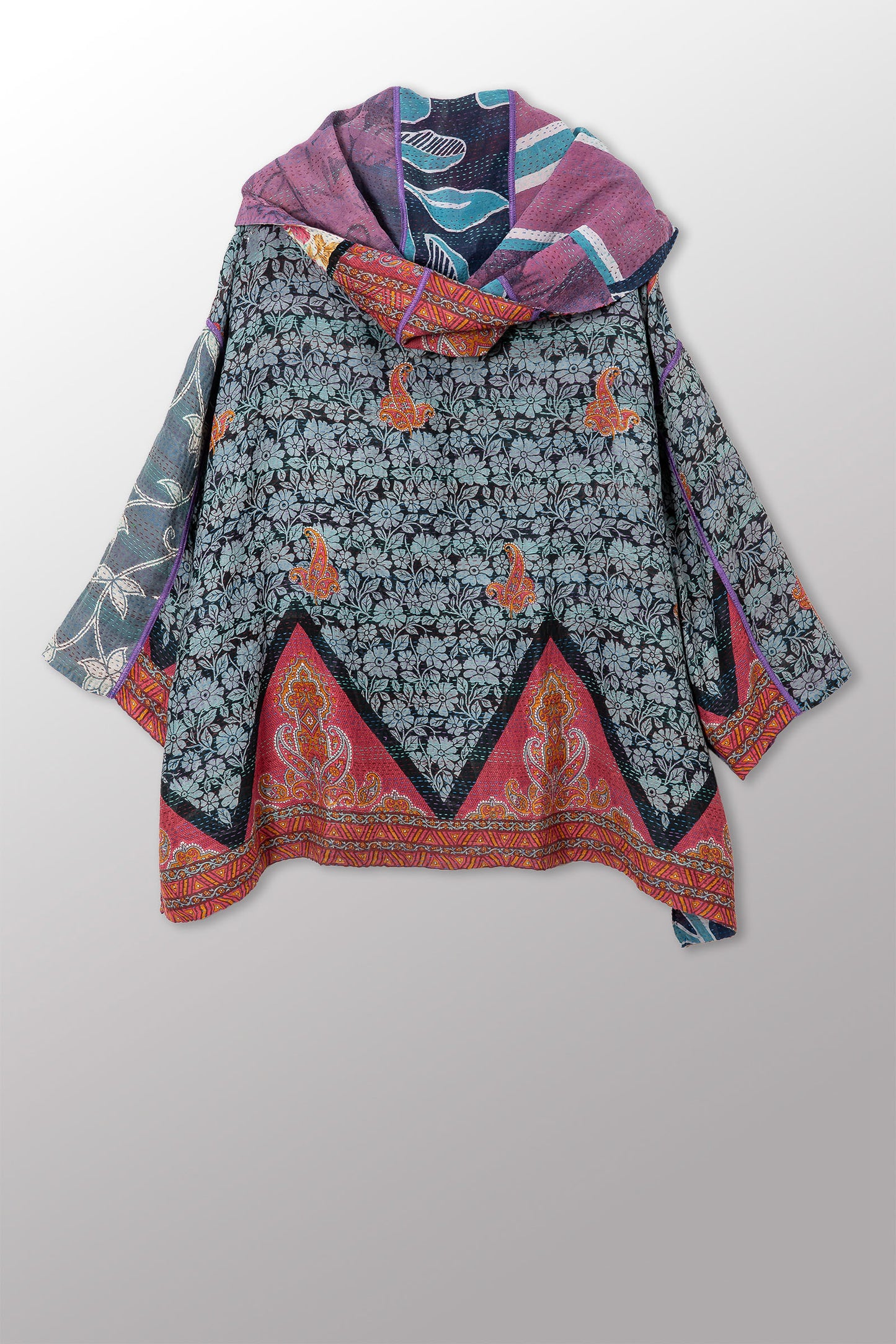 VINTAGE SILK GEORGETTE COTTON KANTHA HOODIE PONCHO - gc2064-0003a -