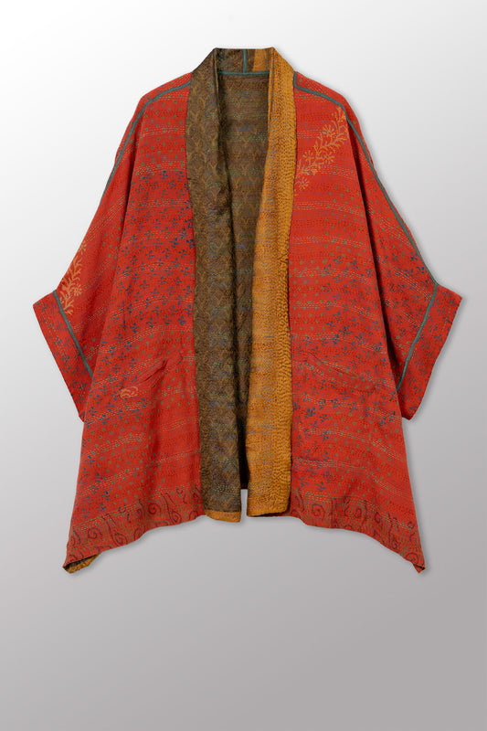GEORGETTE JACQUARD VINTAGE SILK PATCH KANTHA DOUBLE COLLAR PONCHO - gj2323-0002a -