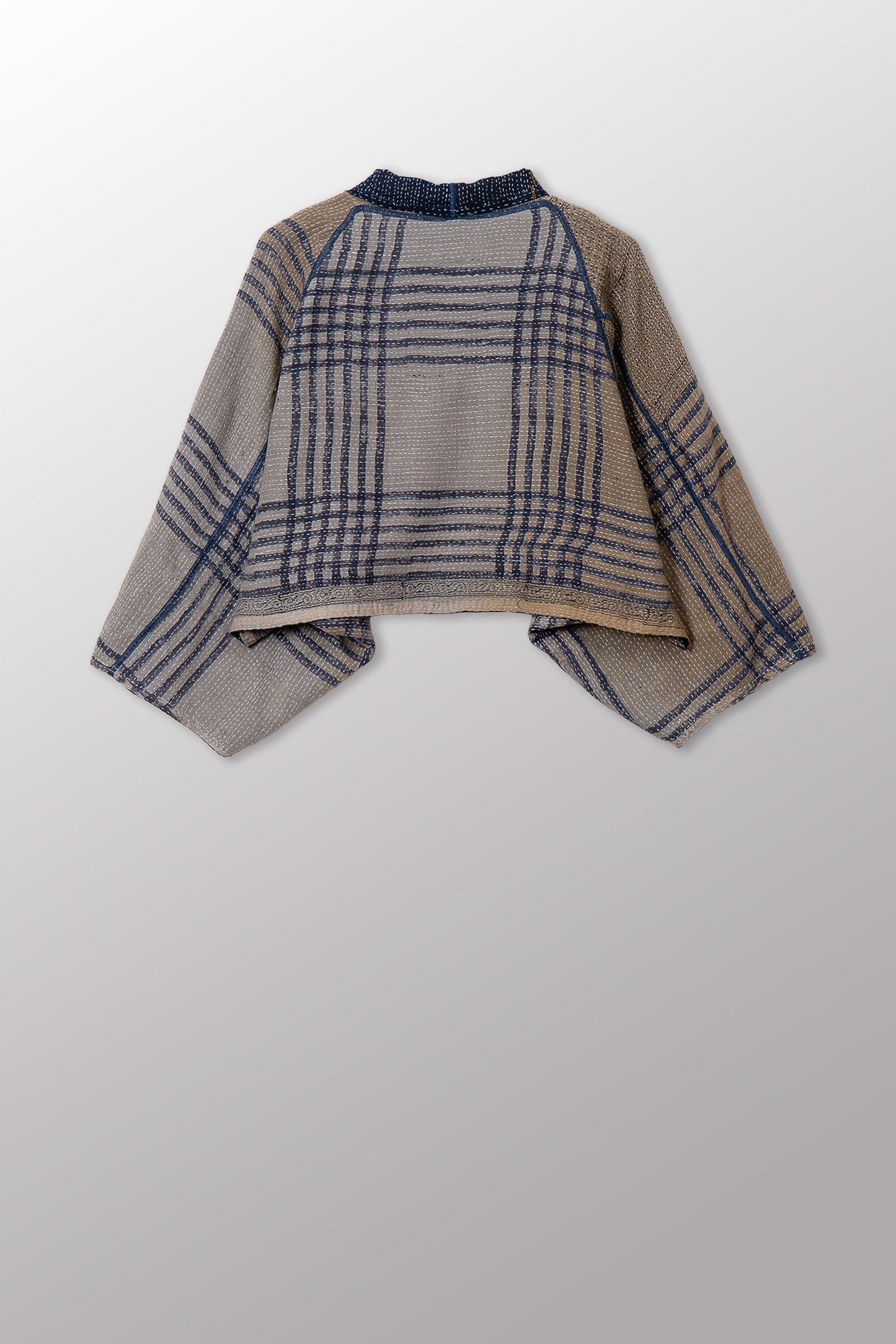 INDONESIAN PRINT VINTAGE INDIGO BACKING KANTHA PUFF SLV. SHRUG - bi2062-blu -