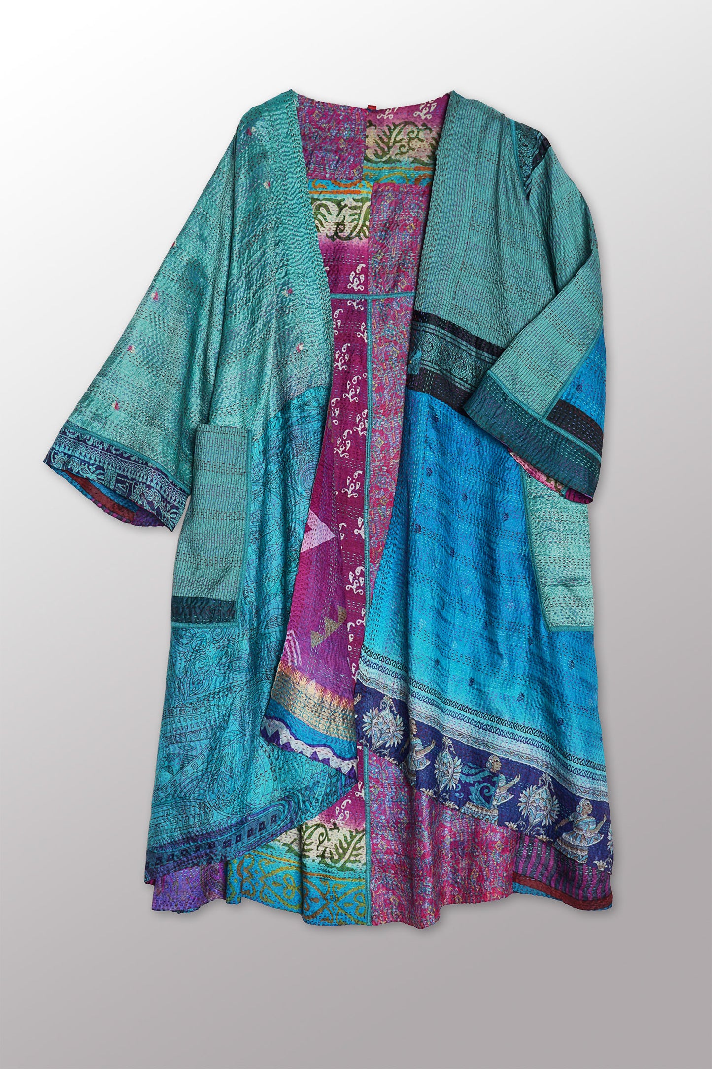 VINTAGE SILK KANTHA WRAP FLARE COAT - sv2330-0003a -