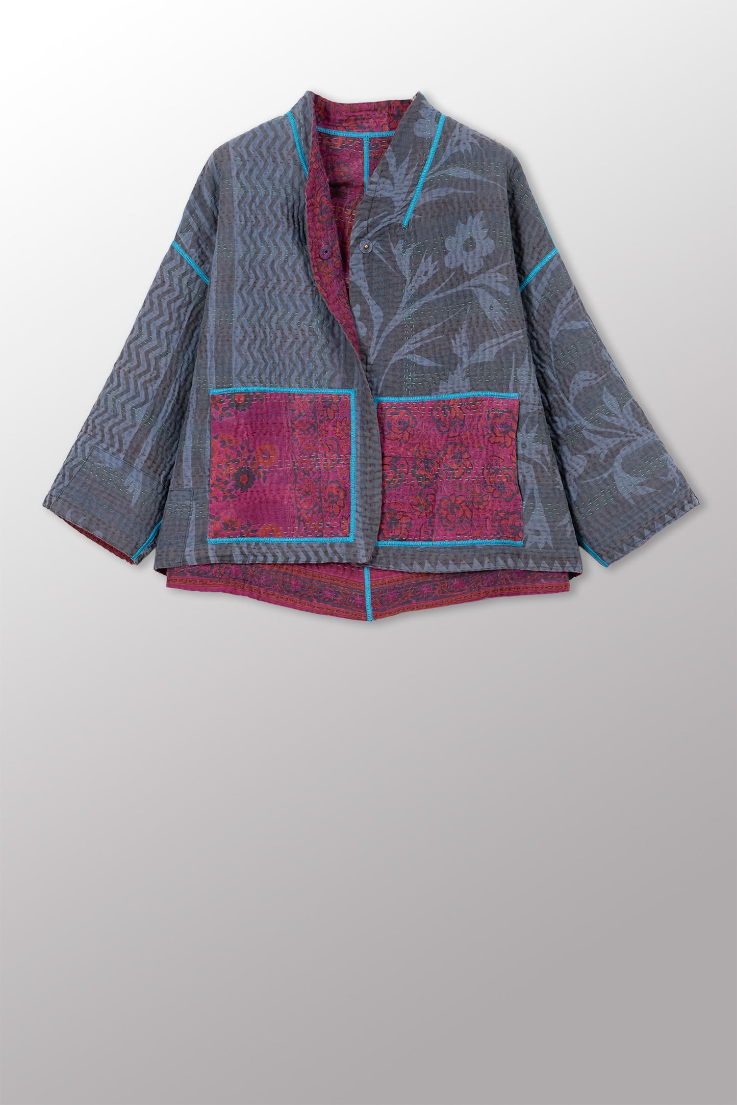 COTTON OVERDYE KANTHA STAND COLLAR CROPPED JKT - ov4034-cfus003a -