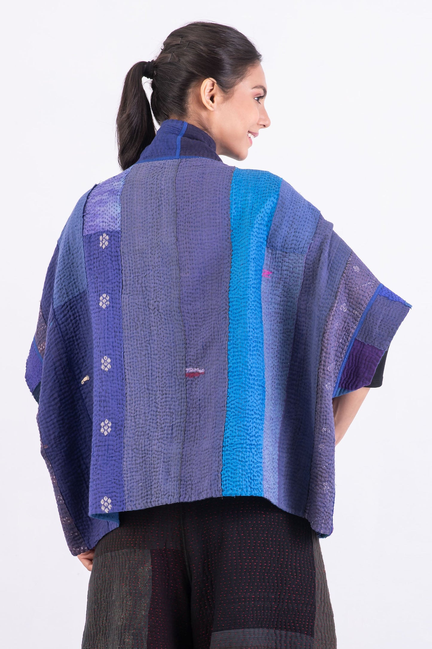 STRIPE AND CHECK COTTON SILK PATCH KANTHA MINI PONCHO - ss4060-blu -