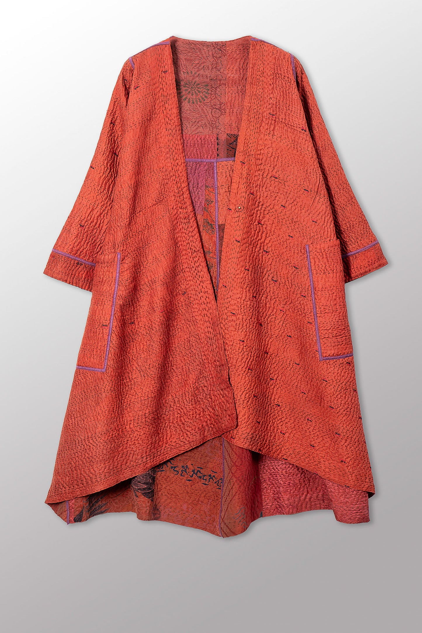 GEORGETTE JACQUARD VINTAGE SILK PATCH KANTHA WRAP FLARE COAT - gj4330-org -
