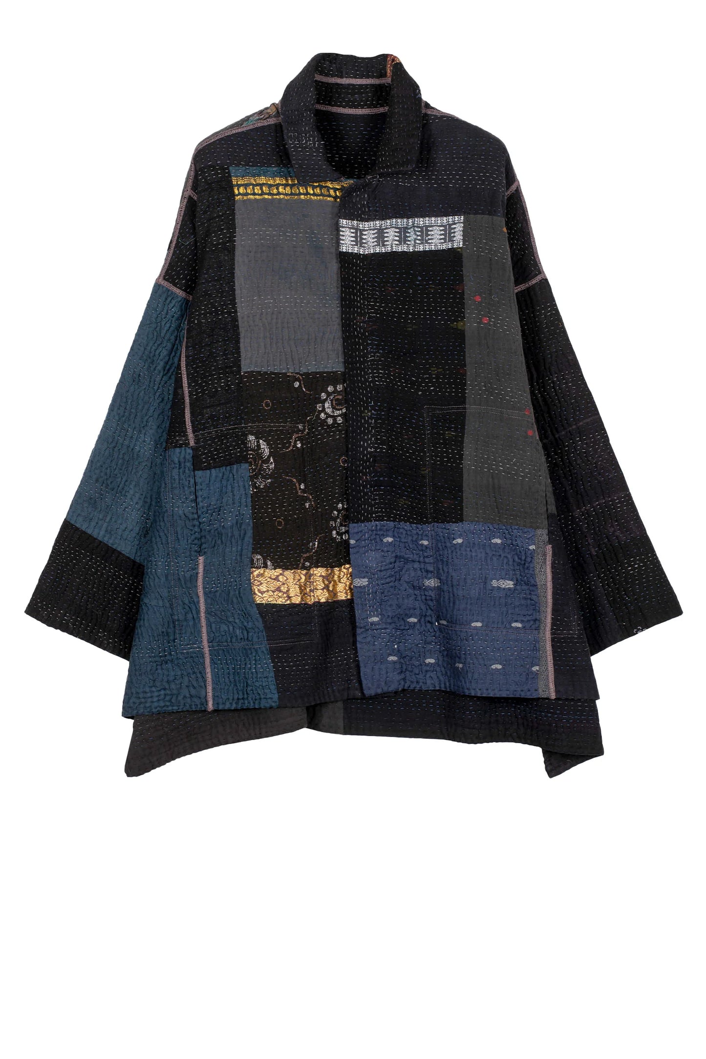 COTTON SILK SW PATCH KANTHA OVERSIZED MINI COAT - ws4332-blk -