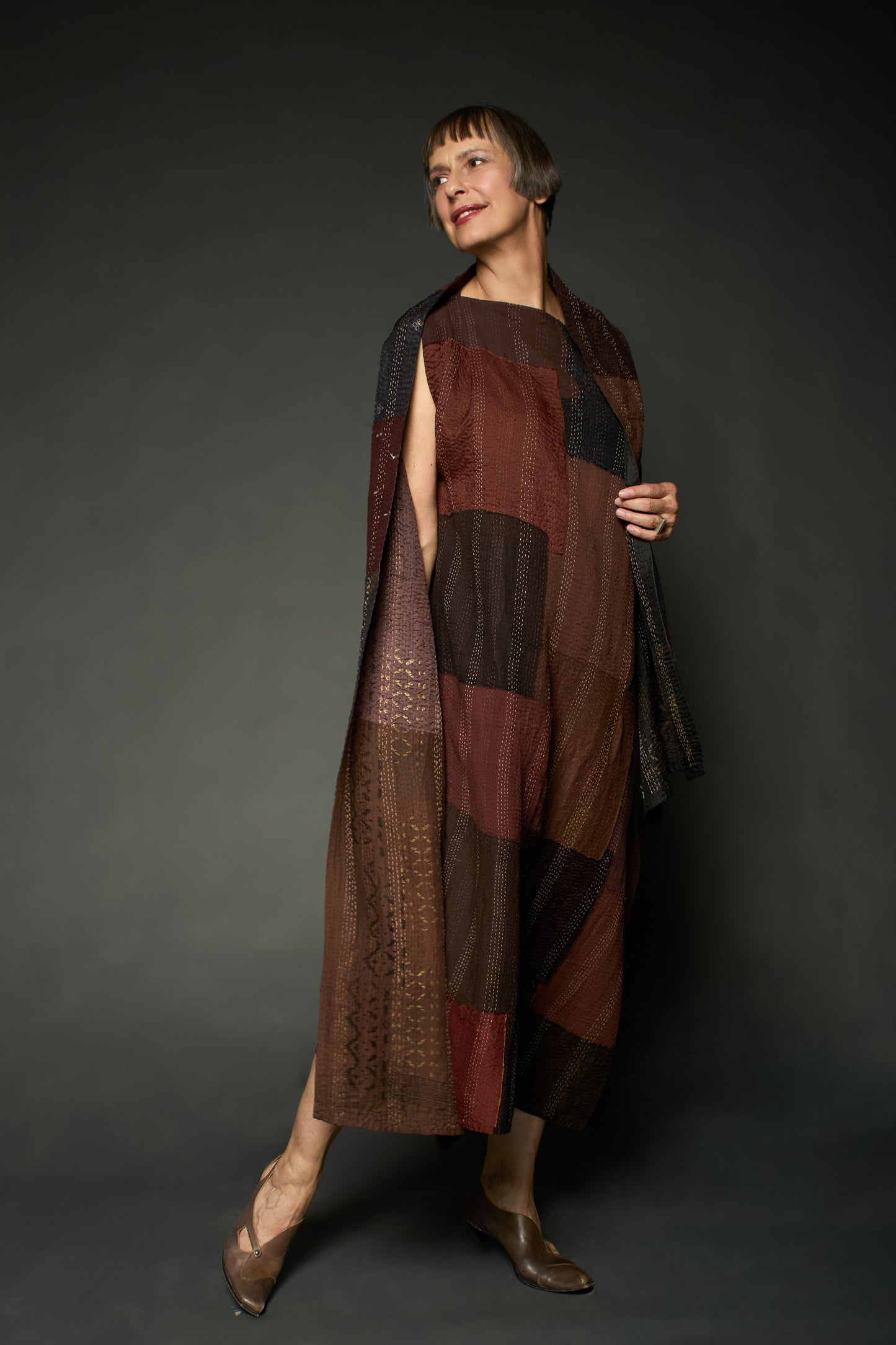 HALF SILK PATCH KANTHA ASYMMETRIC TUBE DRESS - hs2472-brn -