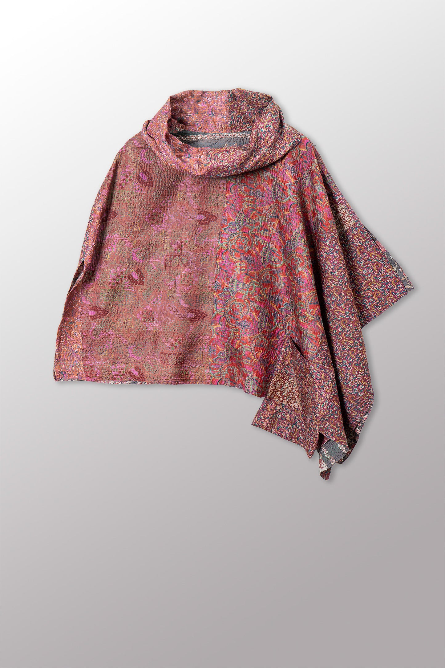 VINTAGE SILK KANTHA COWL NECK LONG CAPE - sv2842-0018a -