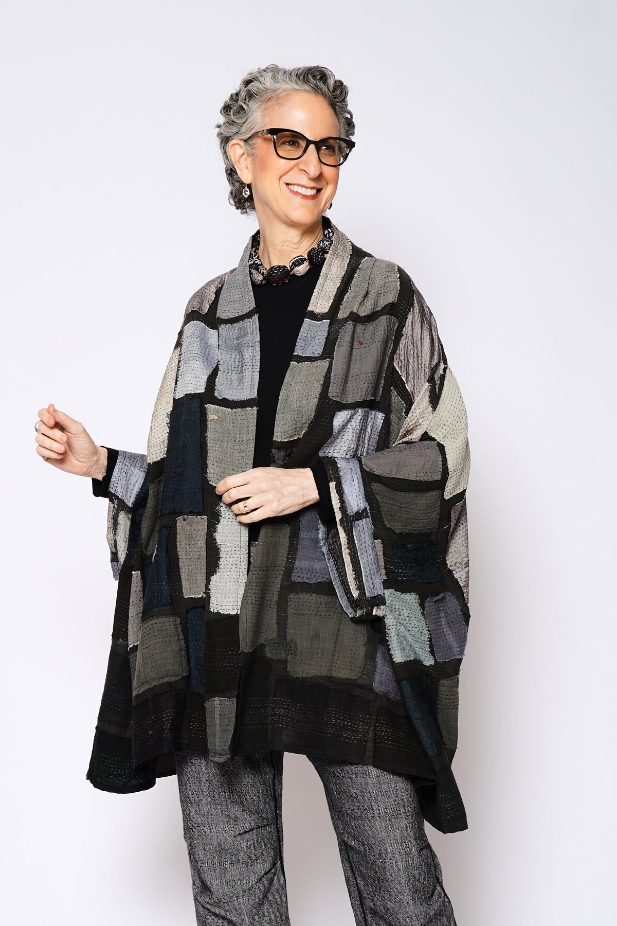 TONAL TILE PATCH KANTHA DOUBLE COLLAR PONCHO - tt2323-gry -