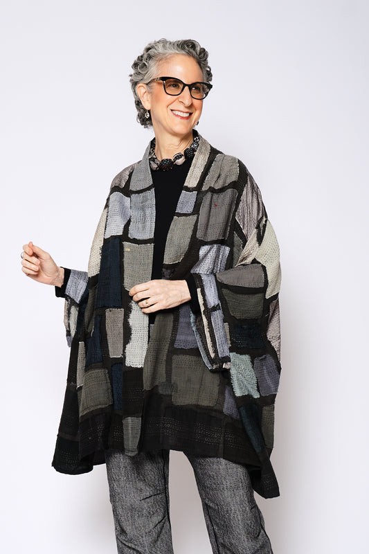 TONAL TILE PATCH KANTHA DOUBLE COLLAR PONCHO - tt2323-gry -