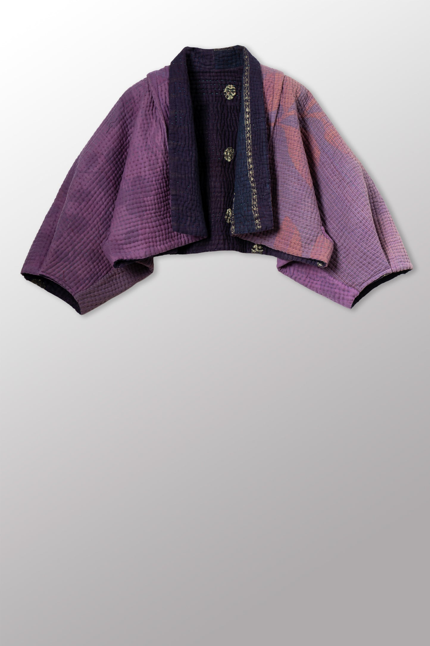 QUILTED OVERDYE COTTON KANTHA PUFF SLV. SHRUG - oq5062-cblu002a -