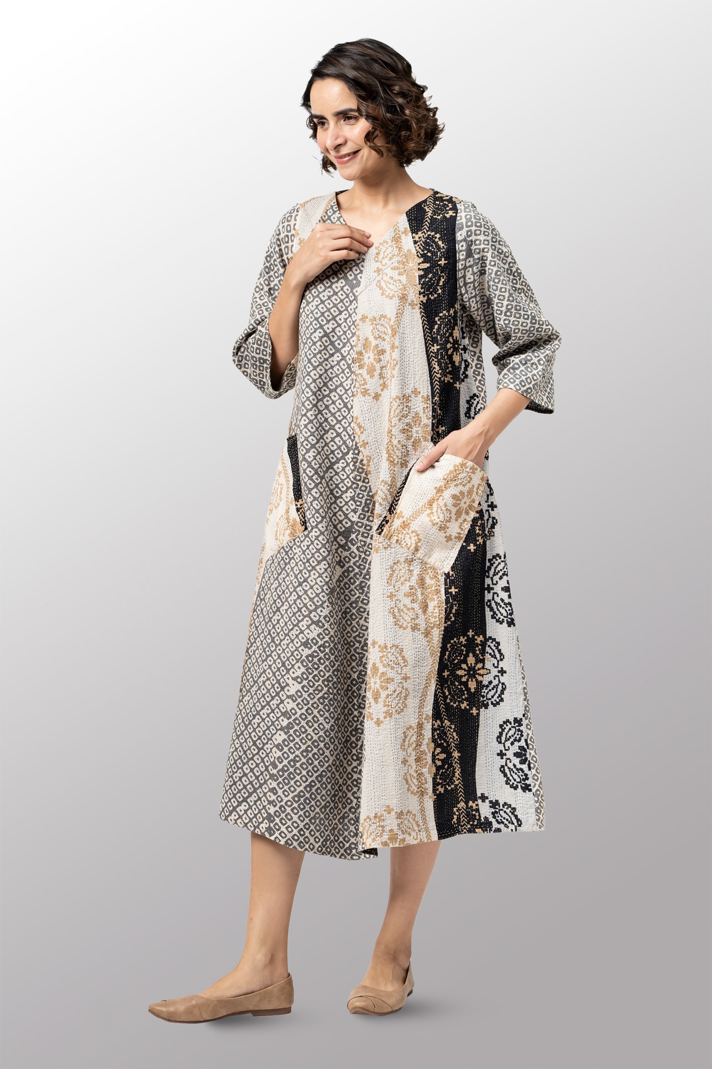 KIMONO COTTON KANTHA V-NECK FLARE DRESS - kc2457-gry -