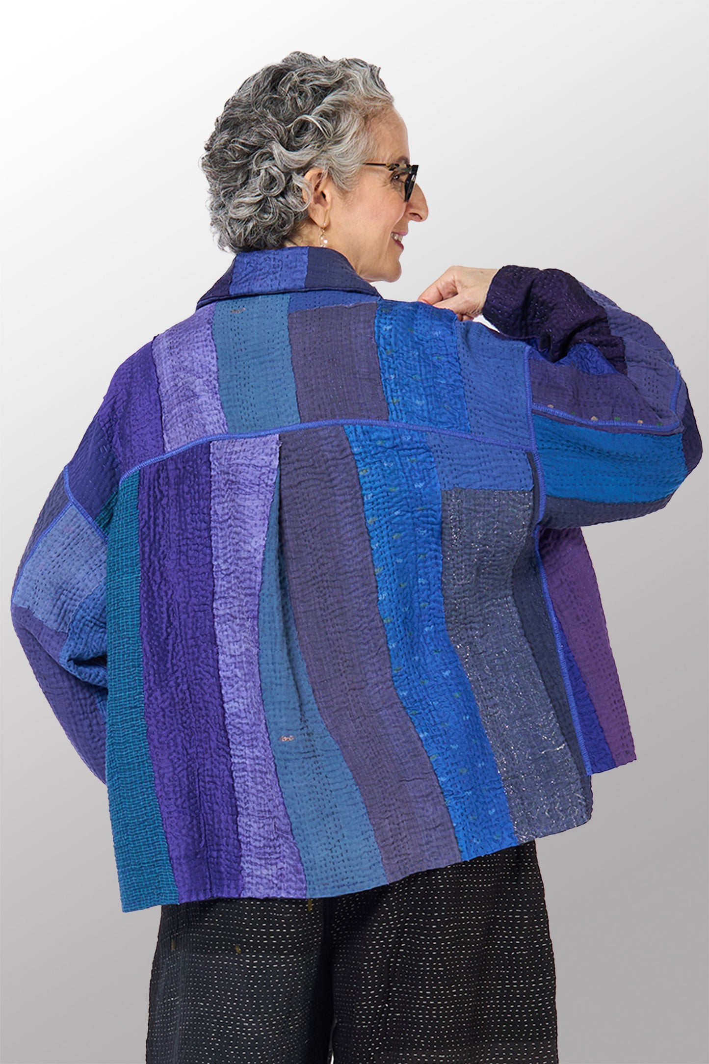 STRIPE AND CHECK COTTON SILK PATCH KANTHA CROPPED SHIRT JACKET - ss4075-blu -