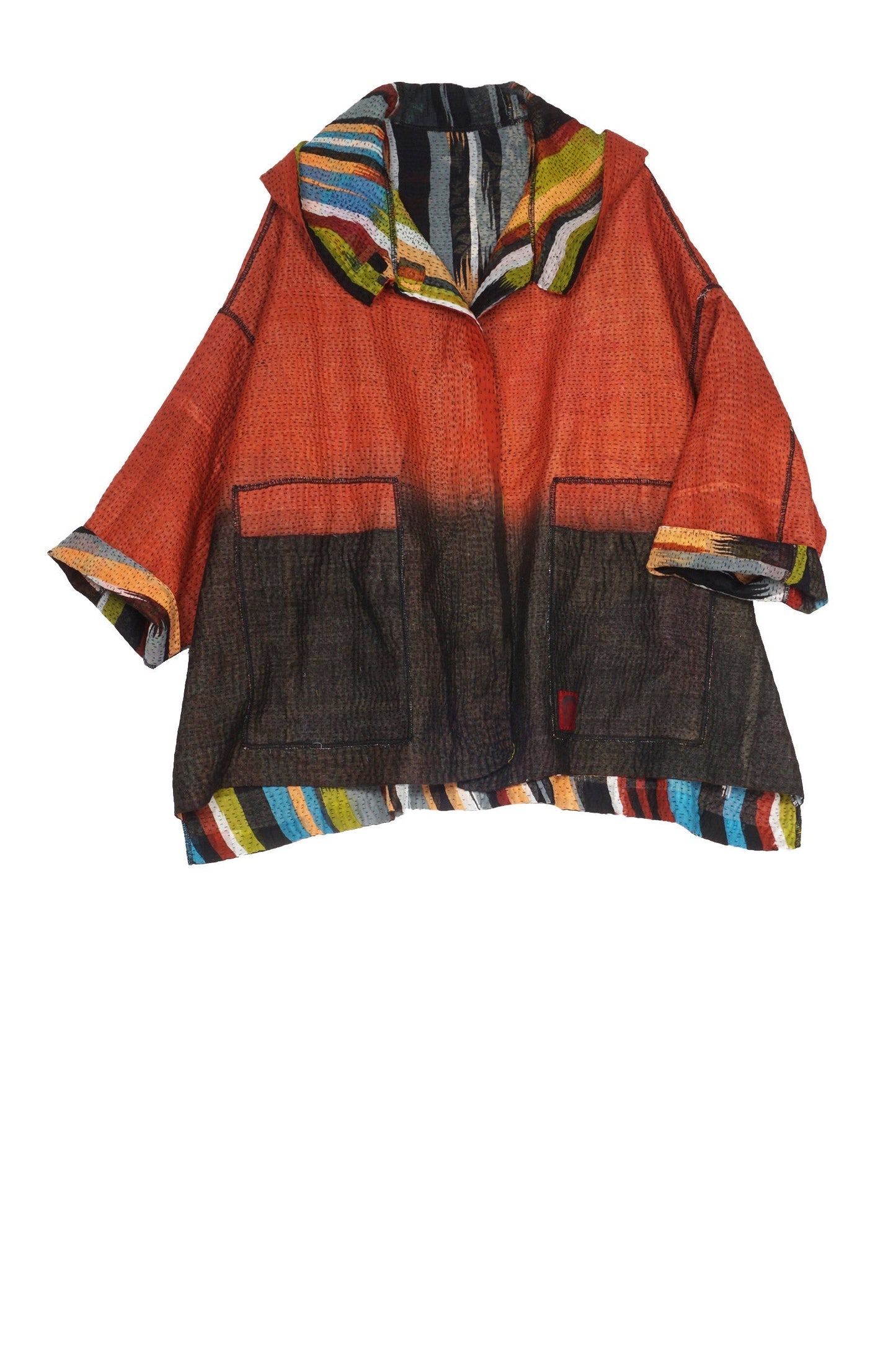 IKAT STRIPE KANTHA HOODIE PONCHO - is4064-red -
