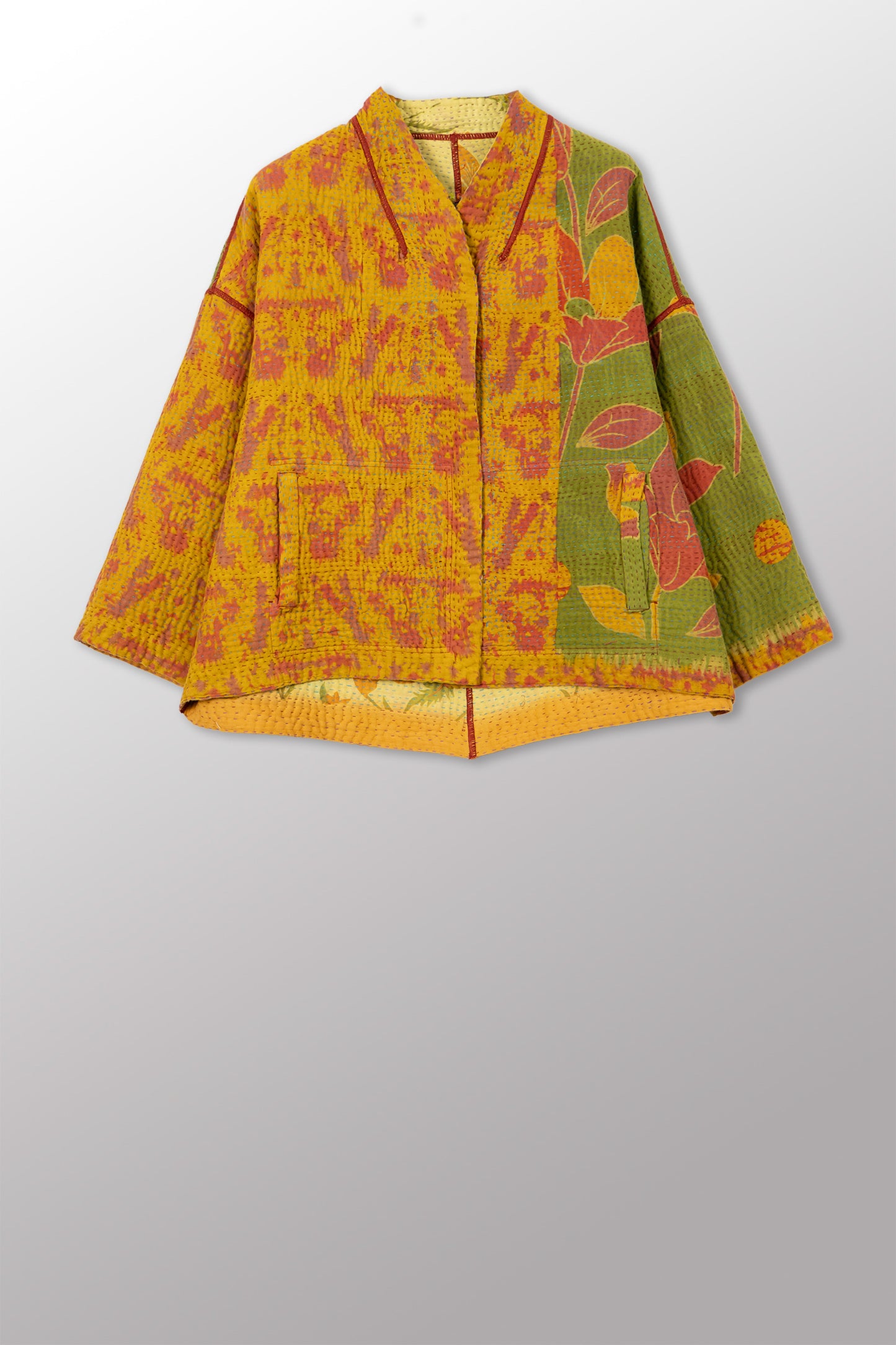 COTTON OVERDYE KANTHA STAND COLLAR CROPPED JKT - ov4034-cylw001a -