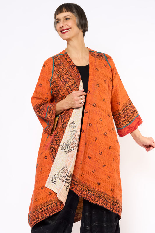 COTTON OVERDYE KANTHA WRAP FLARE COAT - ov2330-corg003a -