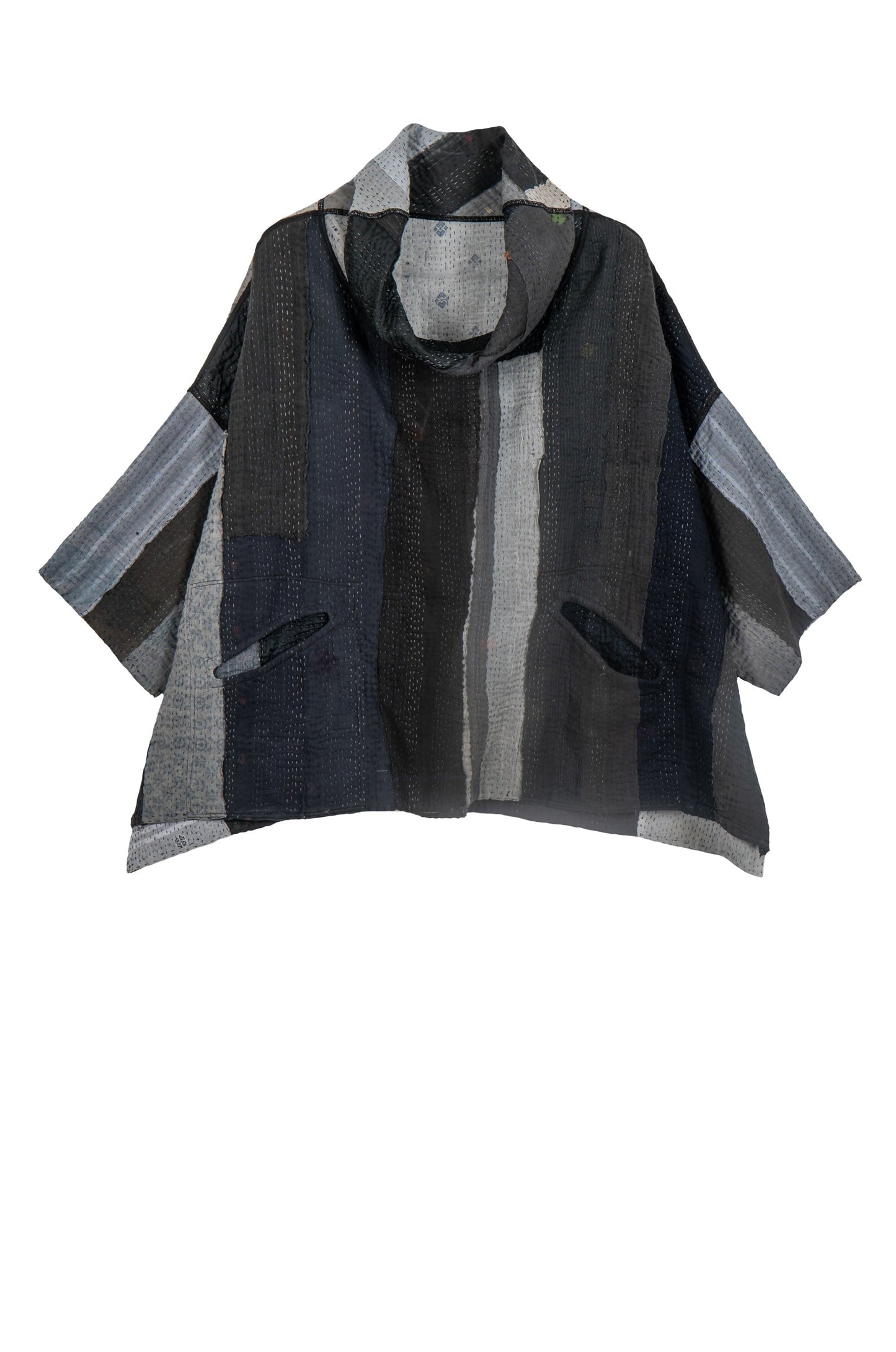 STRIPE AND CHECK COTTON SILK PATCH KANTHA COWL NECK PONCHO - ss4061-blk -