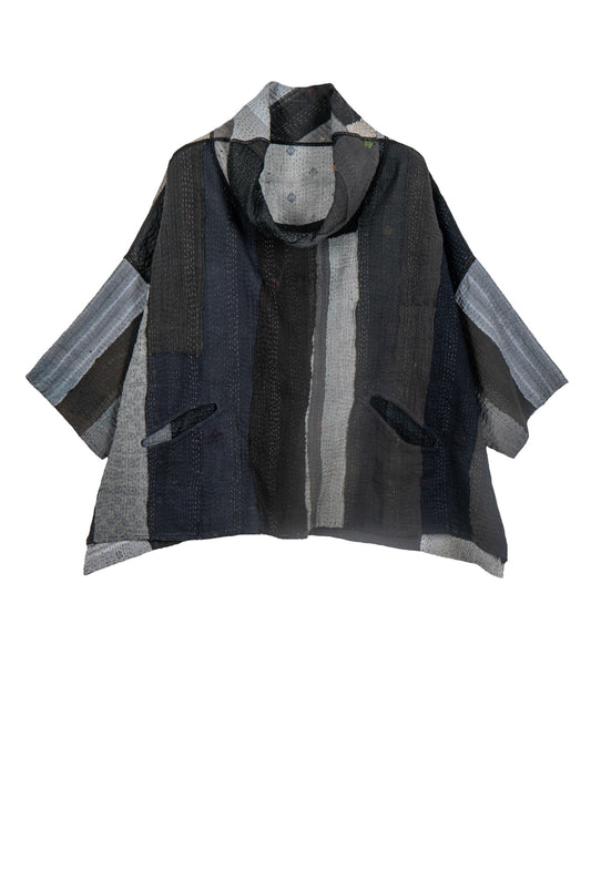 STRIPE AND CHECK COTTON SILK PATCH KANTHA COWL NECK PONCHO - ss4061-blk -