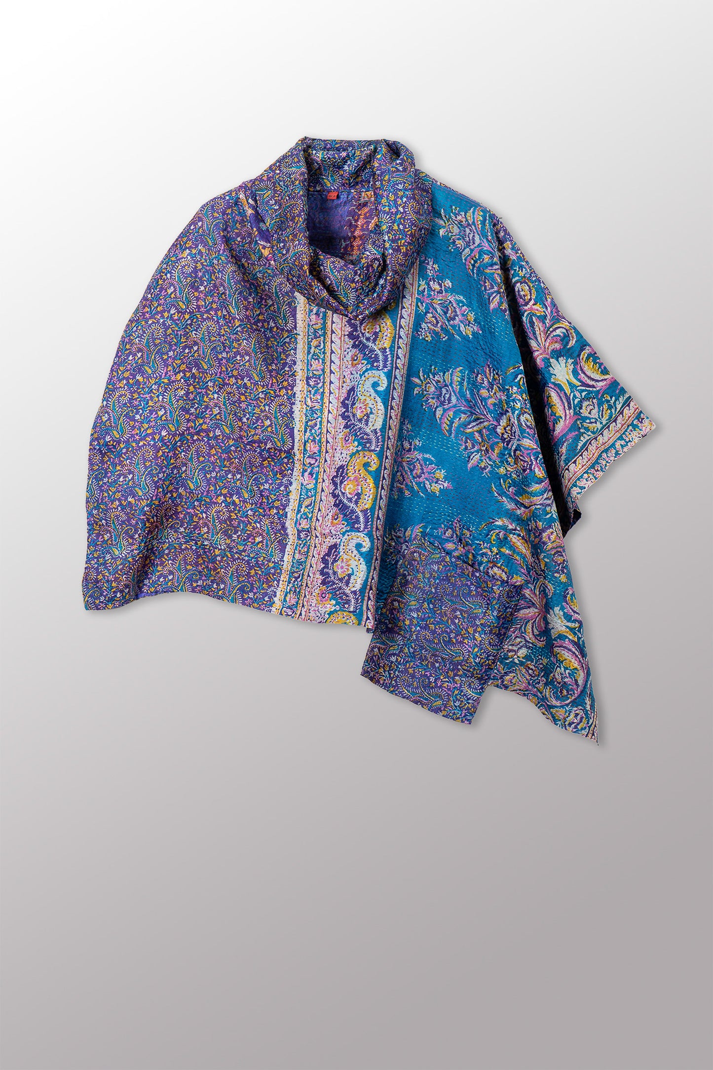 VINTAGE SILK KANTHA COWL NECK LONG CAPE - sv2842-0004a -