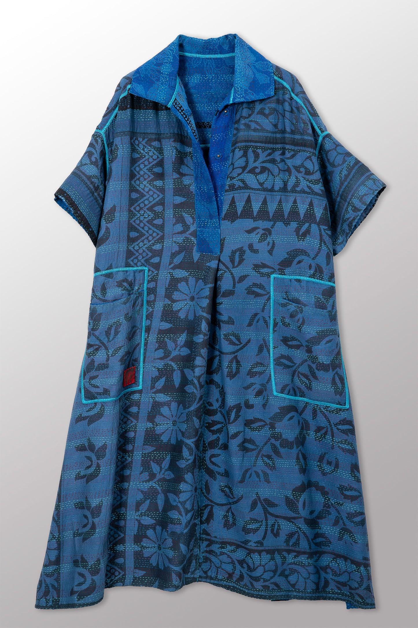 VINTAGE SILK GEORGETTE COTTON KANTHA WING COLLAR DRESS - gc2454-0001a -