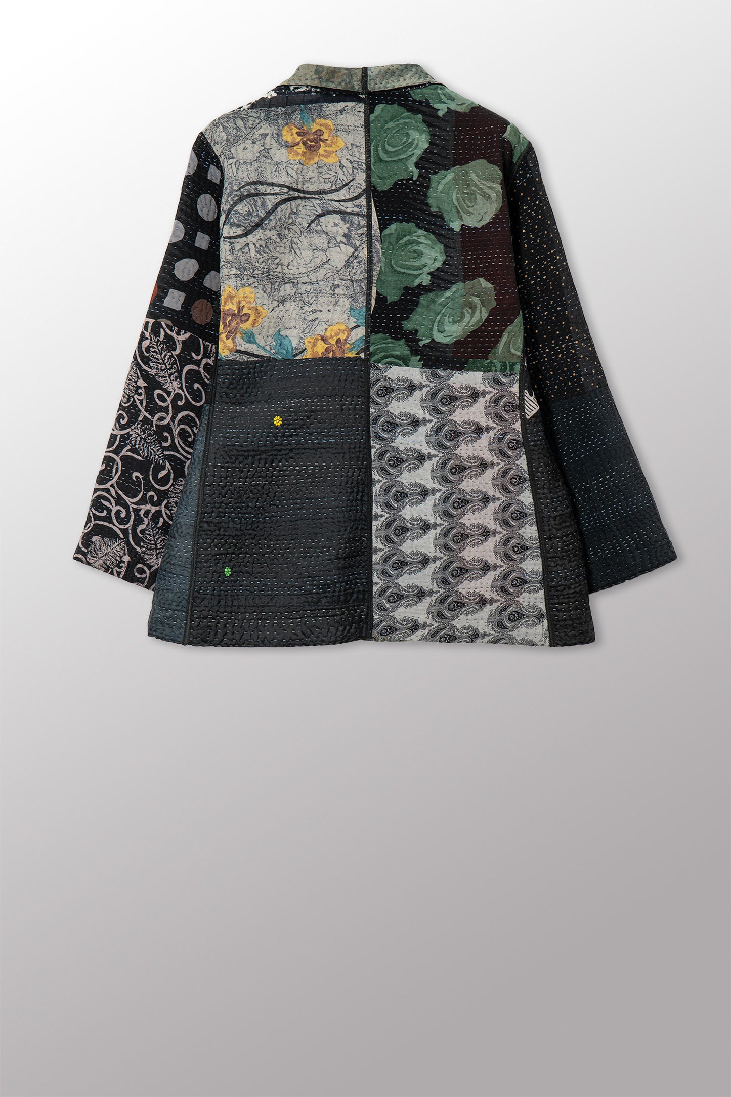 GEORGETTE JACQUARD VINTAGE SILK PATCH KANTHA SHORT JACKET - gj4007-blk -