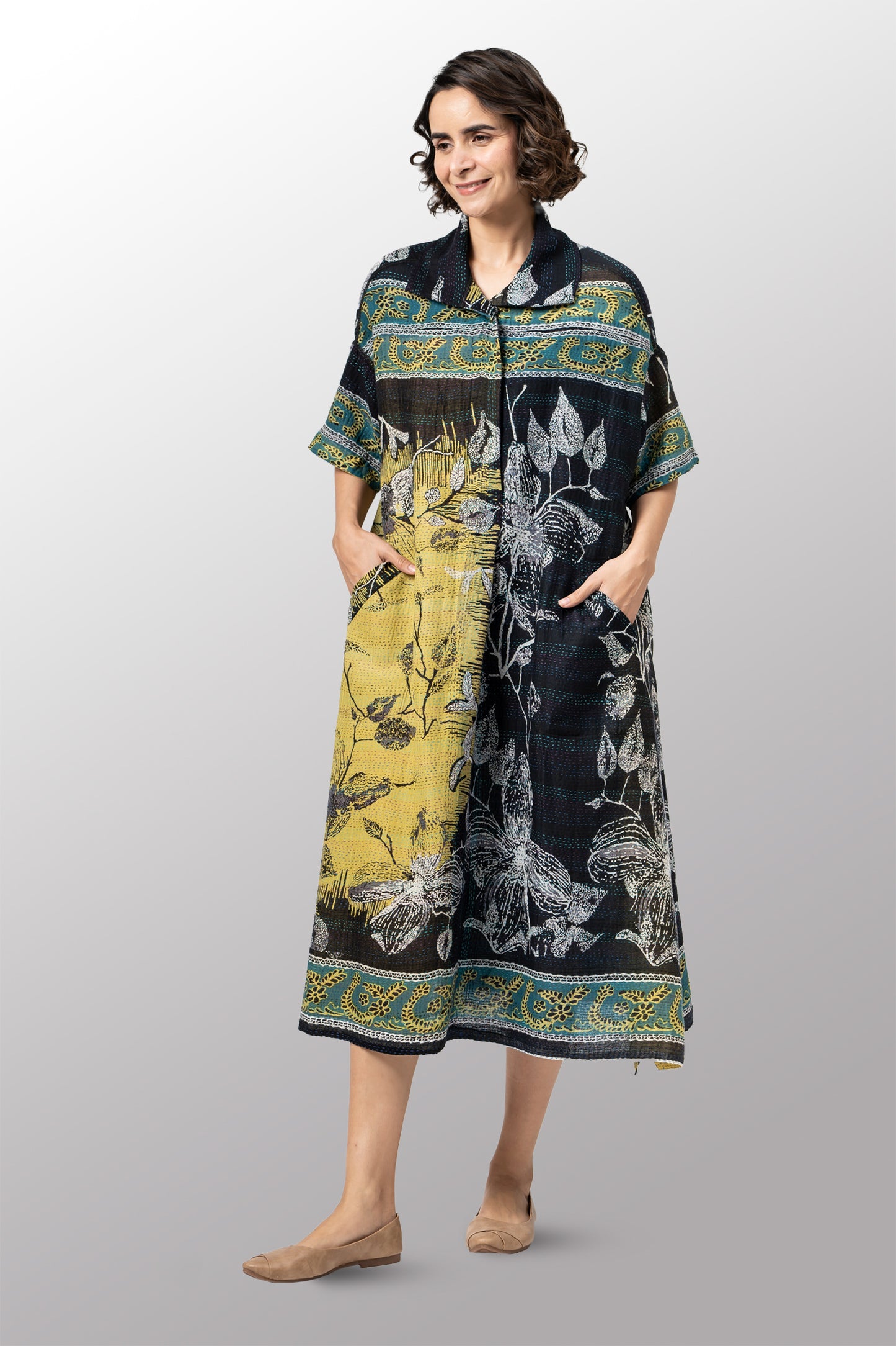 ORGANIC LEAVES KANTHA WING COLLAR DRESS - ol2454-blk -