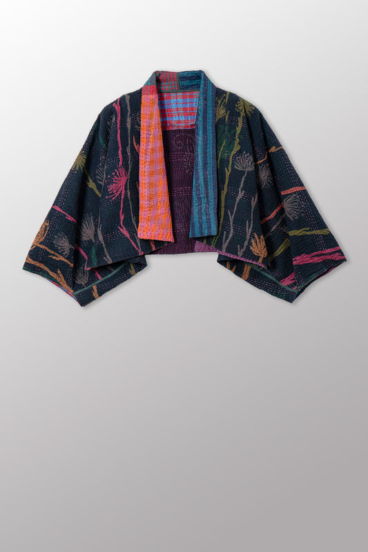 FLOWER PRINT WITH CHECKERED PATCH PUFF SLV. SHRUG - fc4062-blk -