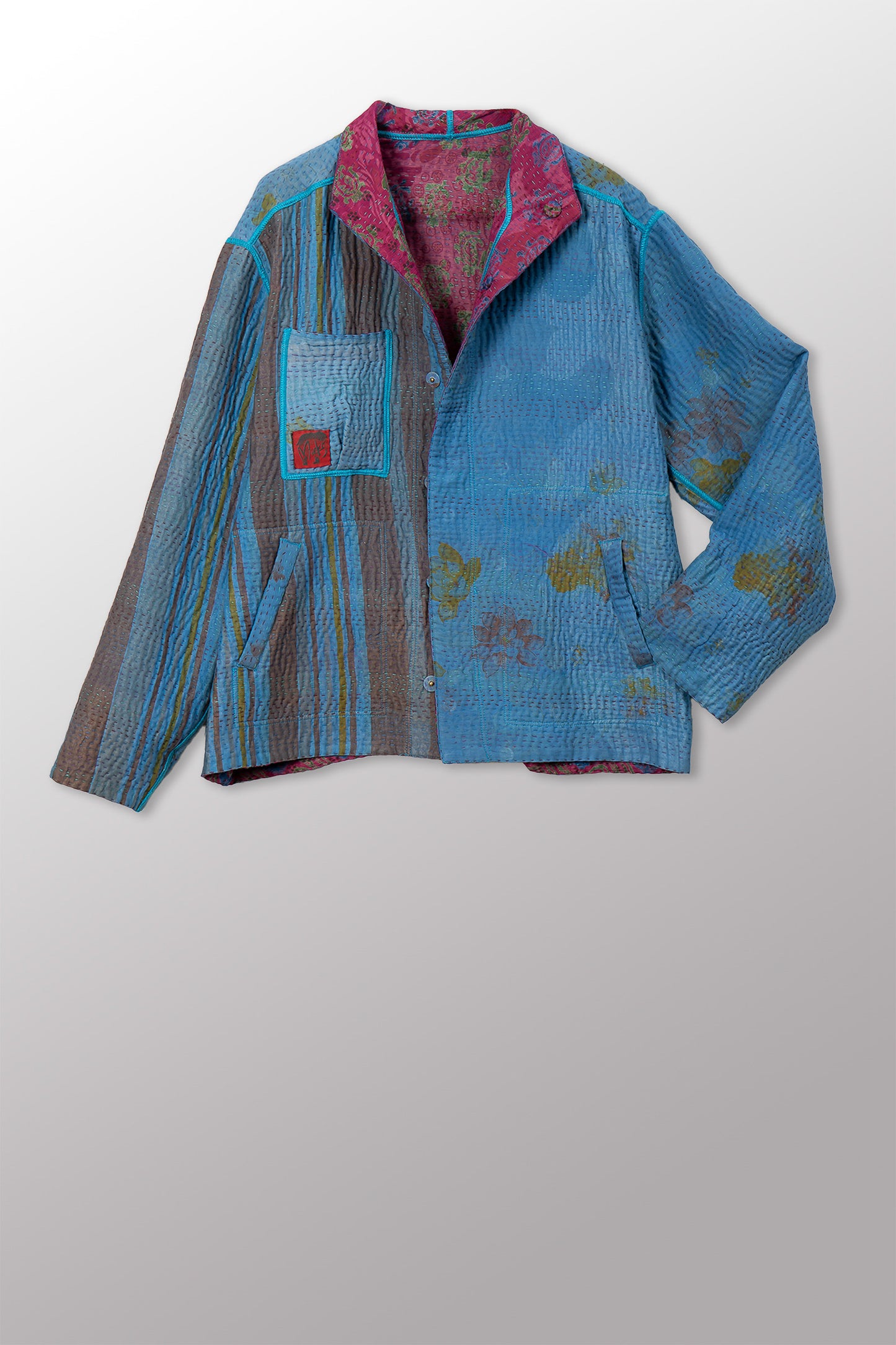 VINTAGE SILK GEORGETTE COTTON KANTHA MEN'S BLOUSON - gc4040-0001m -