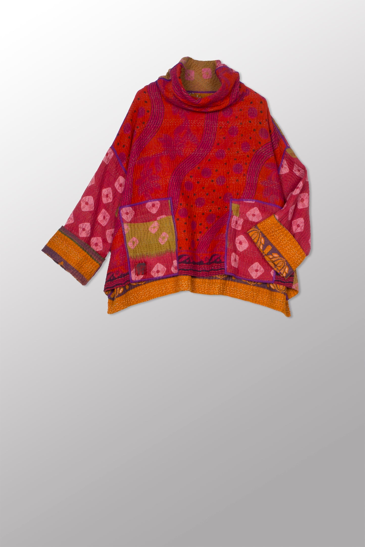 VINTAGE COTTON KANTHA NEW COWL NECK PONCHO - cv4083-0002a -