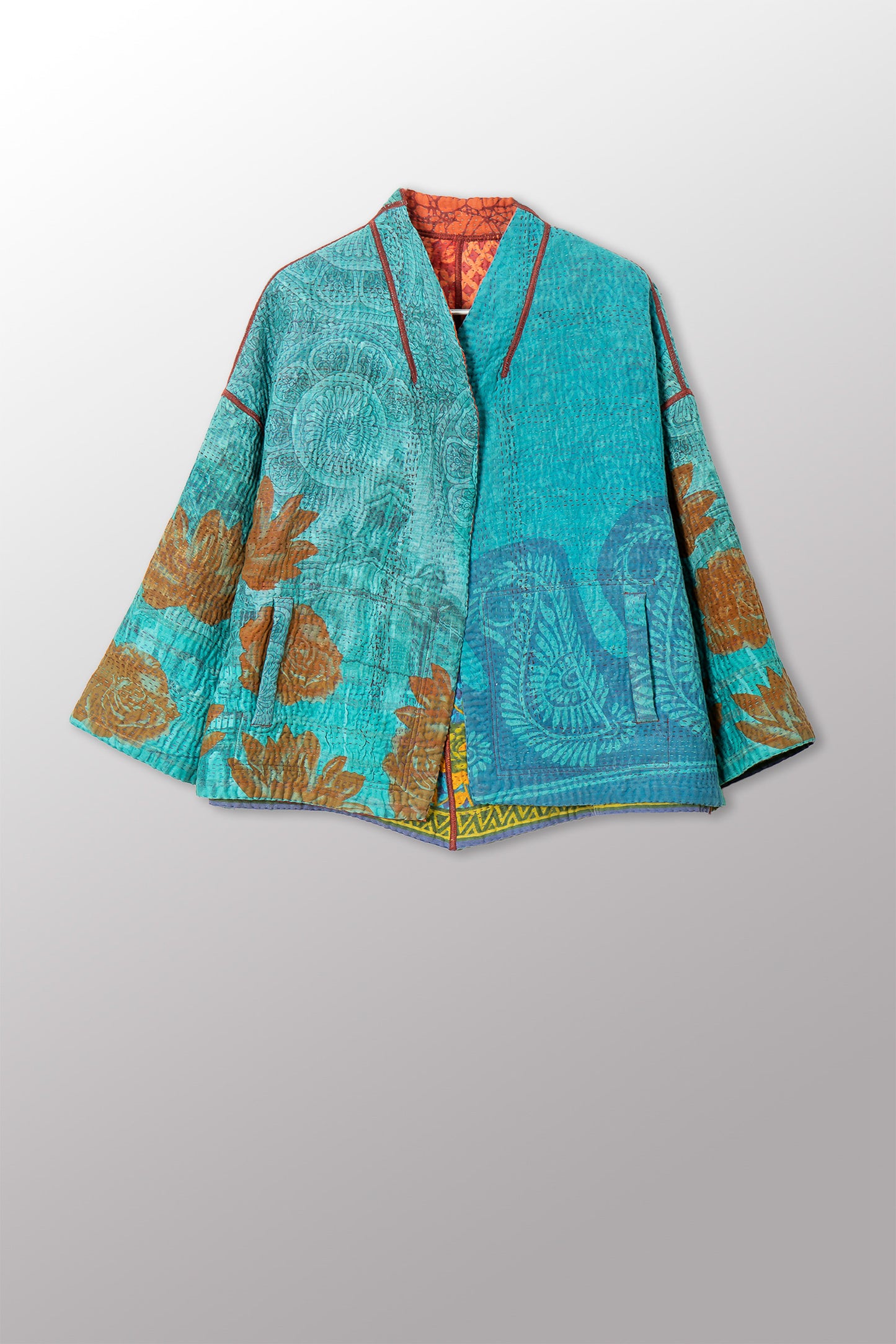 VINTAGE COTTON KANTHA STAND COLLAR CROPPED JKT - cv4034-0162a -