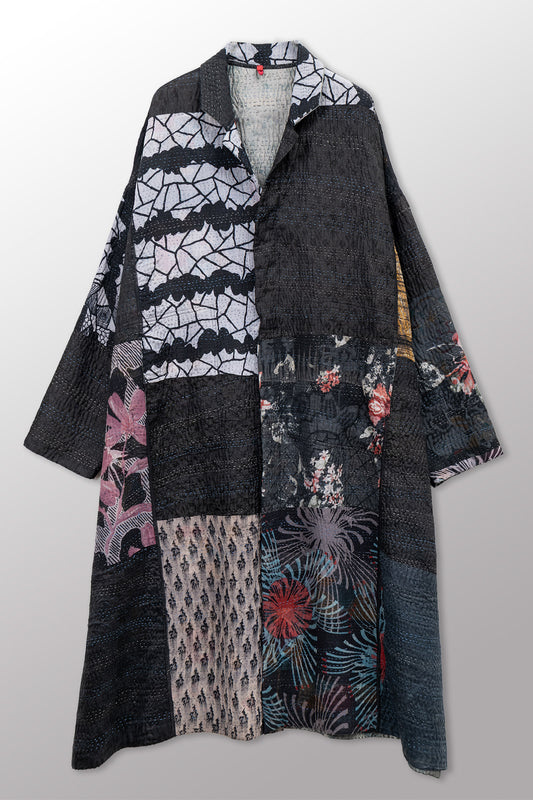 GEORGETTE JACQUARD VINTAGE SILK PATCH KANTHA NEW OVERSIZED COAT - gj4342-blk -
