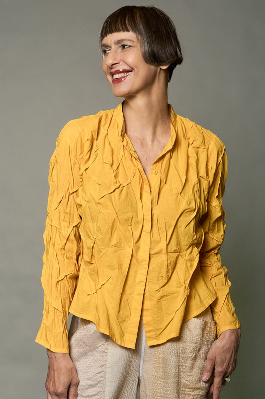 POLISHED COTTON WAVY CROPPED BAND COLLAR SHRT-NON DYED - wl1t109-ylw -