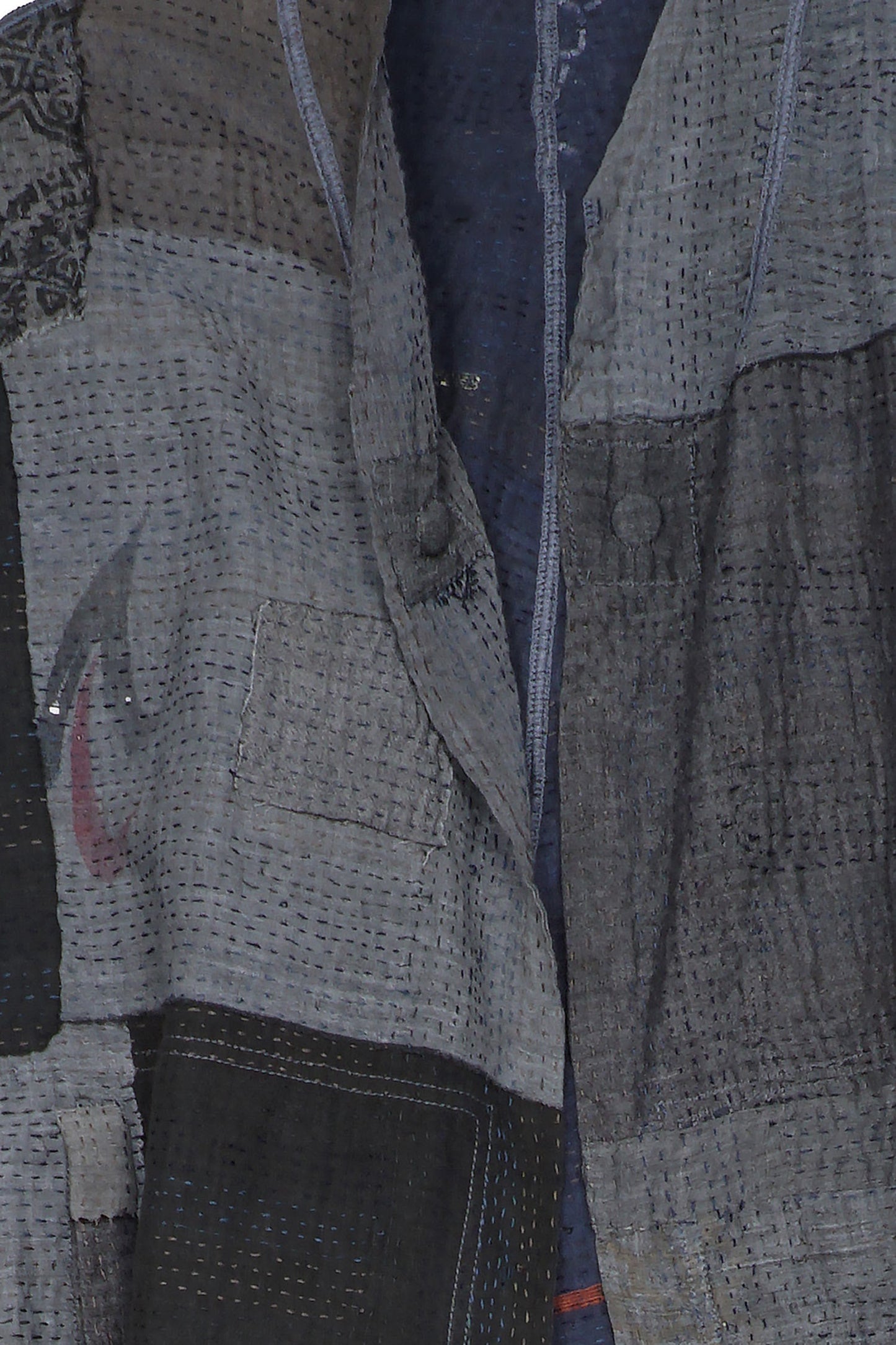 FRAYED PATCH KANTHA STAND COLLAR CROPPED JKT - fi2034-gry -