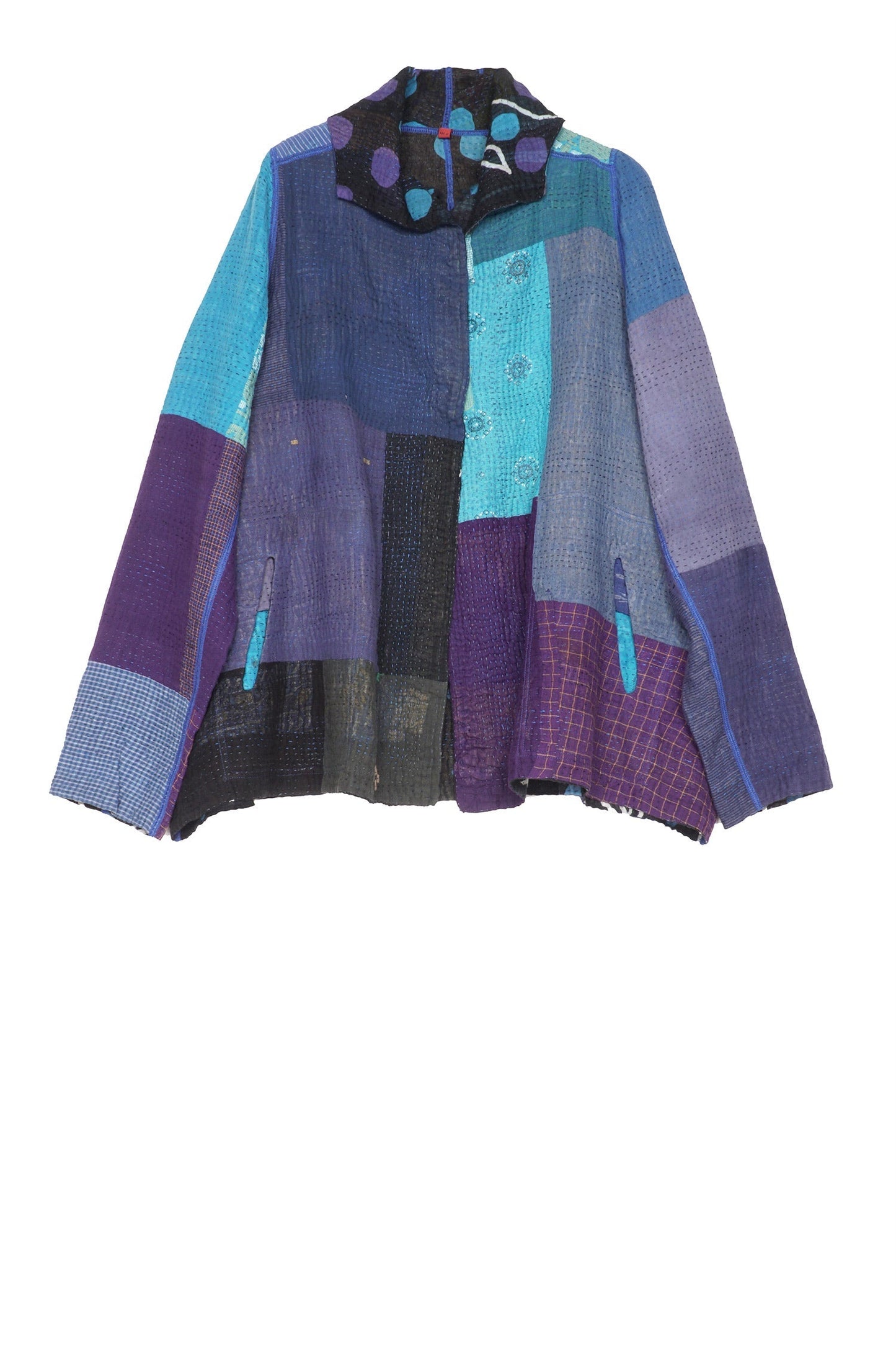 POLKA DOTS & LEAVES KANTHA TUCKED COLLAR JKT - dl4047-blu -