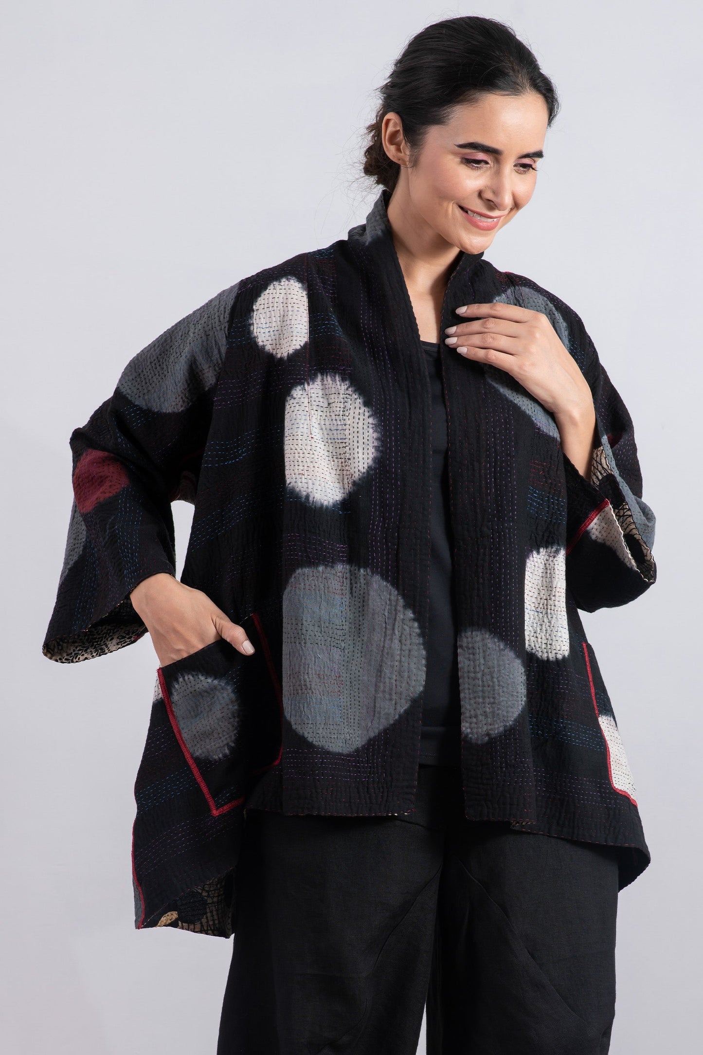 PATCH & CIRCLE PRINT KANTHA KIMONO JKT - pc2004-blk -