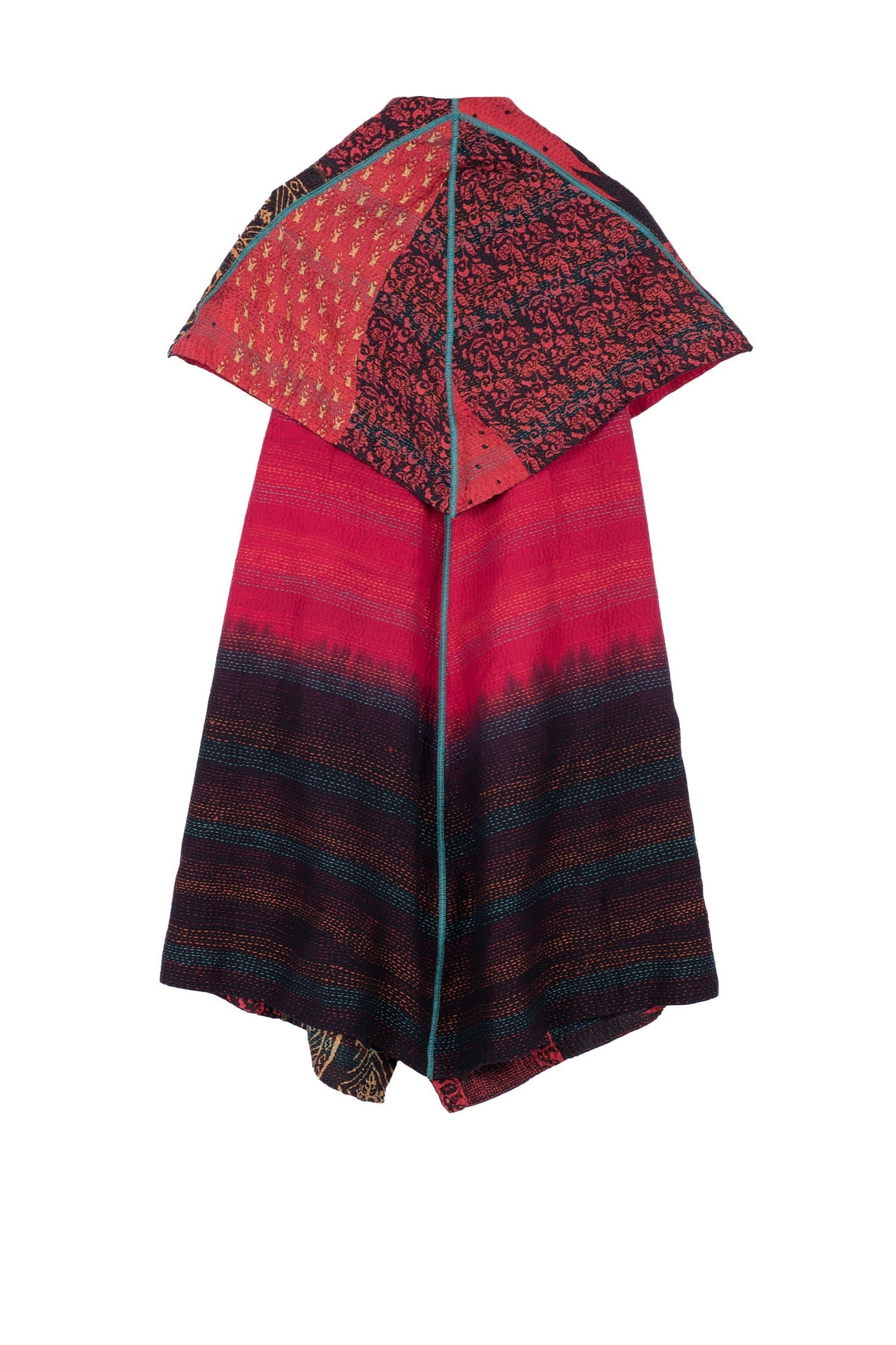 SILK COTTON OMBRE PRINT KANTHA CIRCULAR VEST - os2201-red -