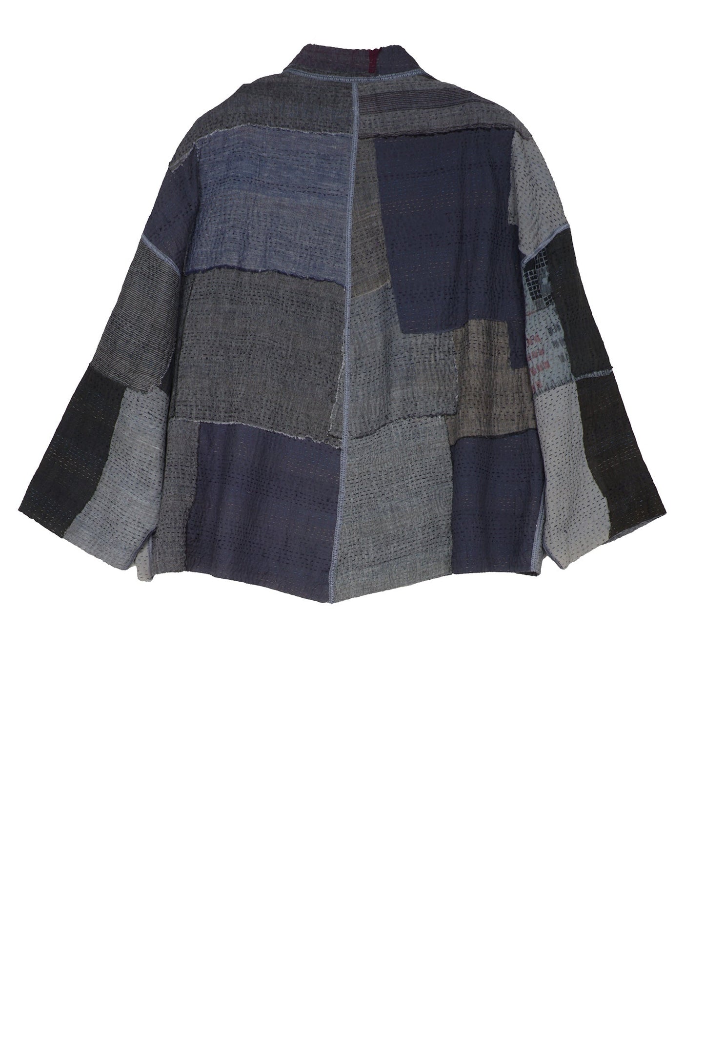 FRAYED PATCH KANTHA STAND COLLAR CROPPED JKT - fi2034-gry -