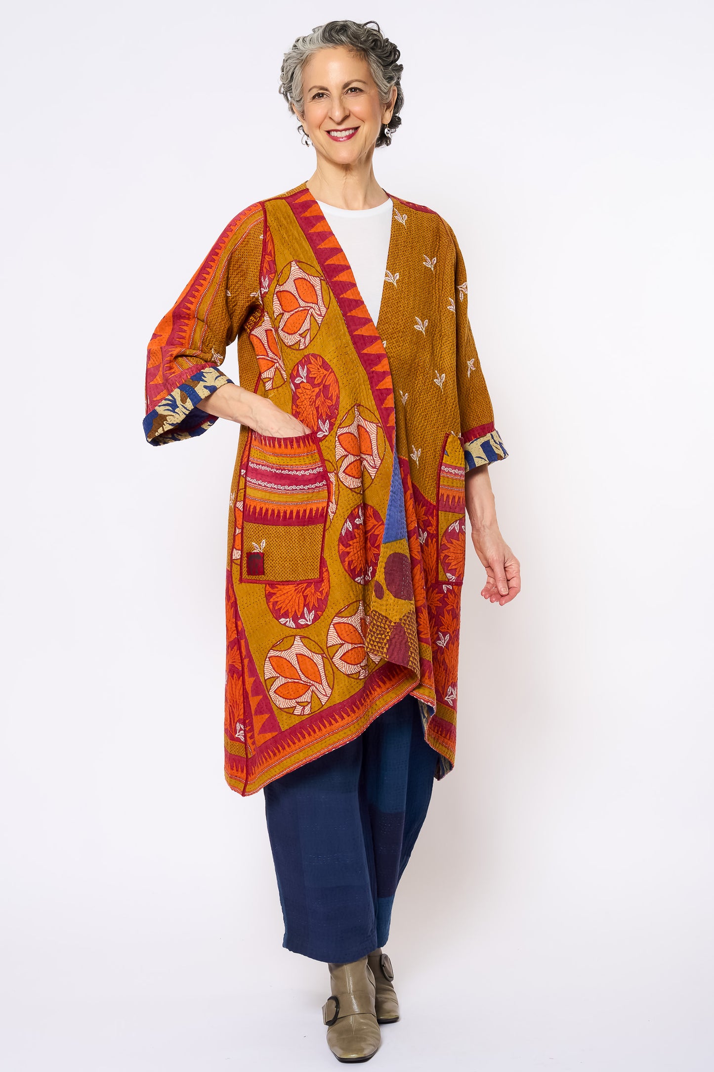 VINTAGE COTTON KANTHA WRAP FLARE COAT - cv4330-0027a -
