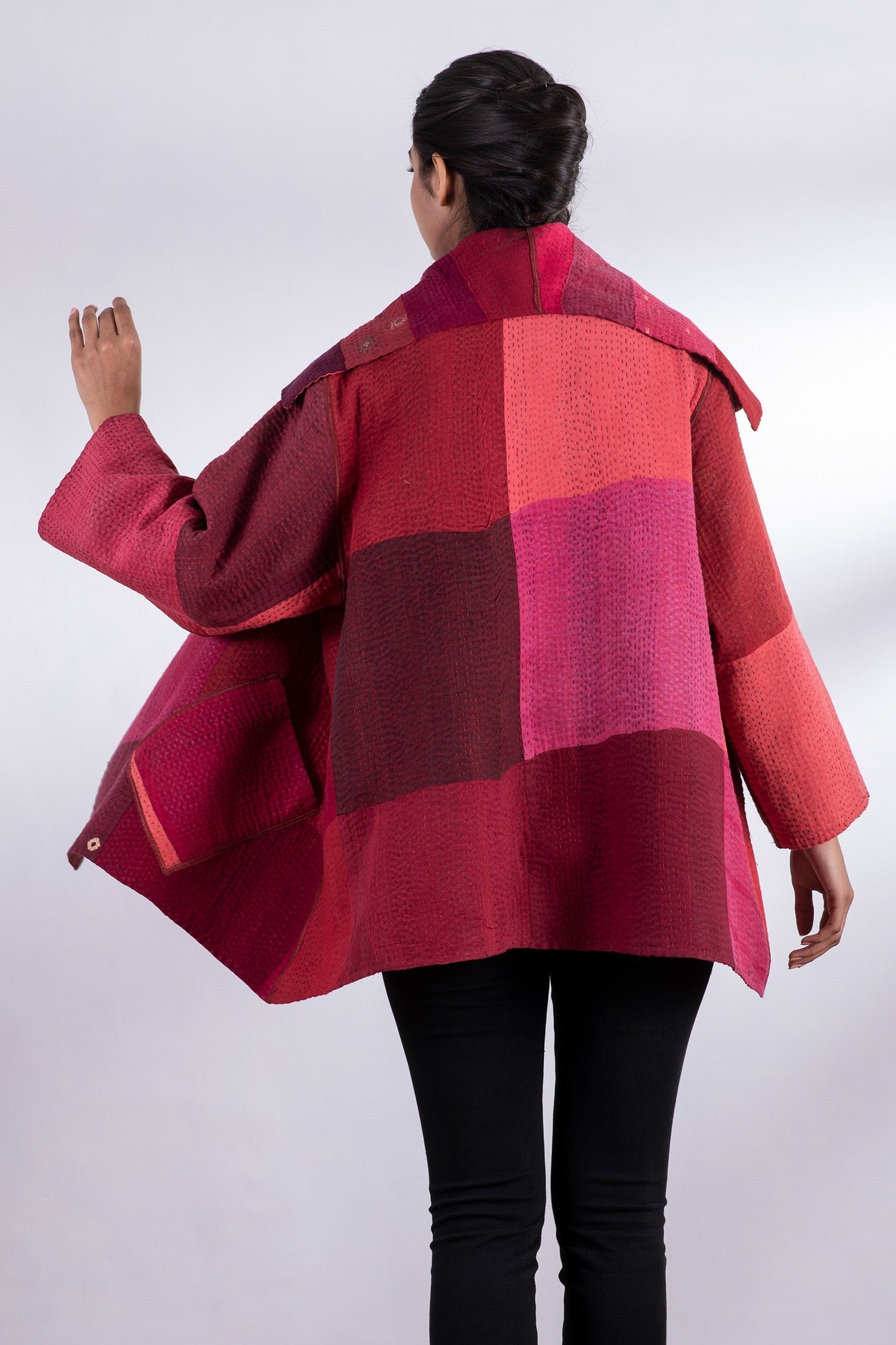 STRIPE AND CHECK COTTON SILK PATCH KANTHA  FLARE JACKET - ss4010-red -