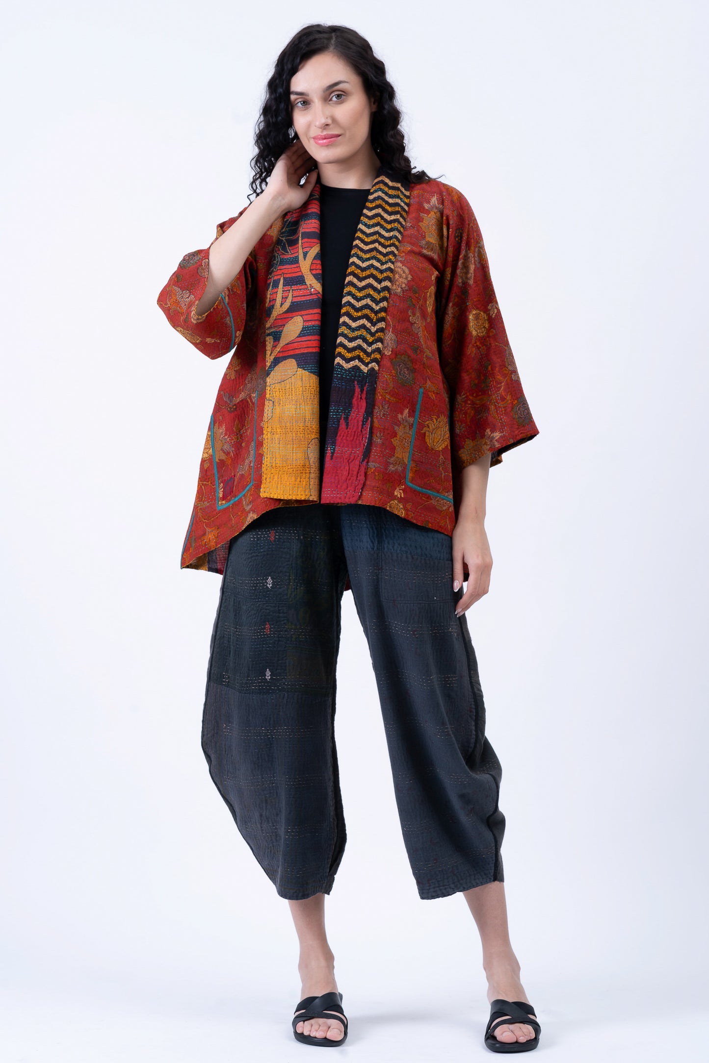 VINTAGE SILK GEORGETTE COTTON KANTHA KIMONO JKT - gc2004-0009a -