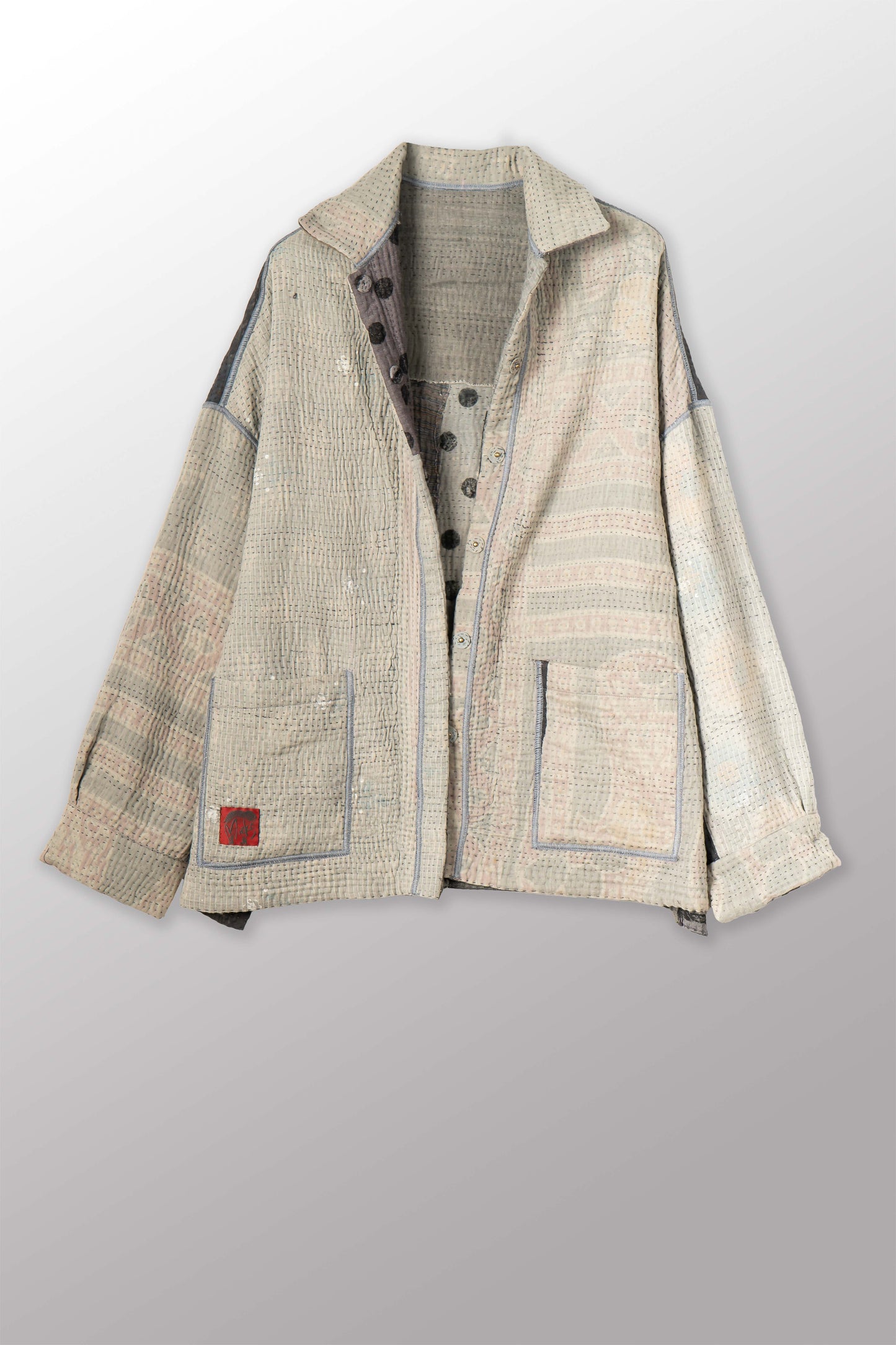 FRAYED PATCH KANTHA WITH STAMP OVERSIZED MINI COAT - sp-fi4332-gry -
