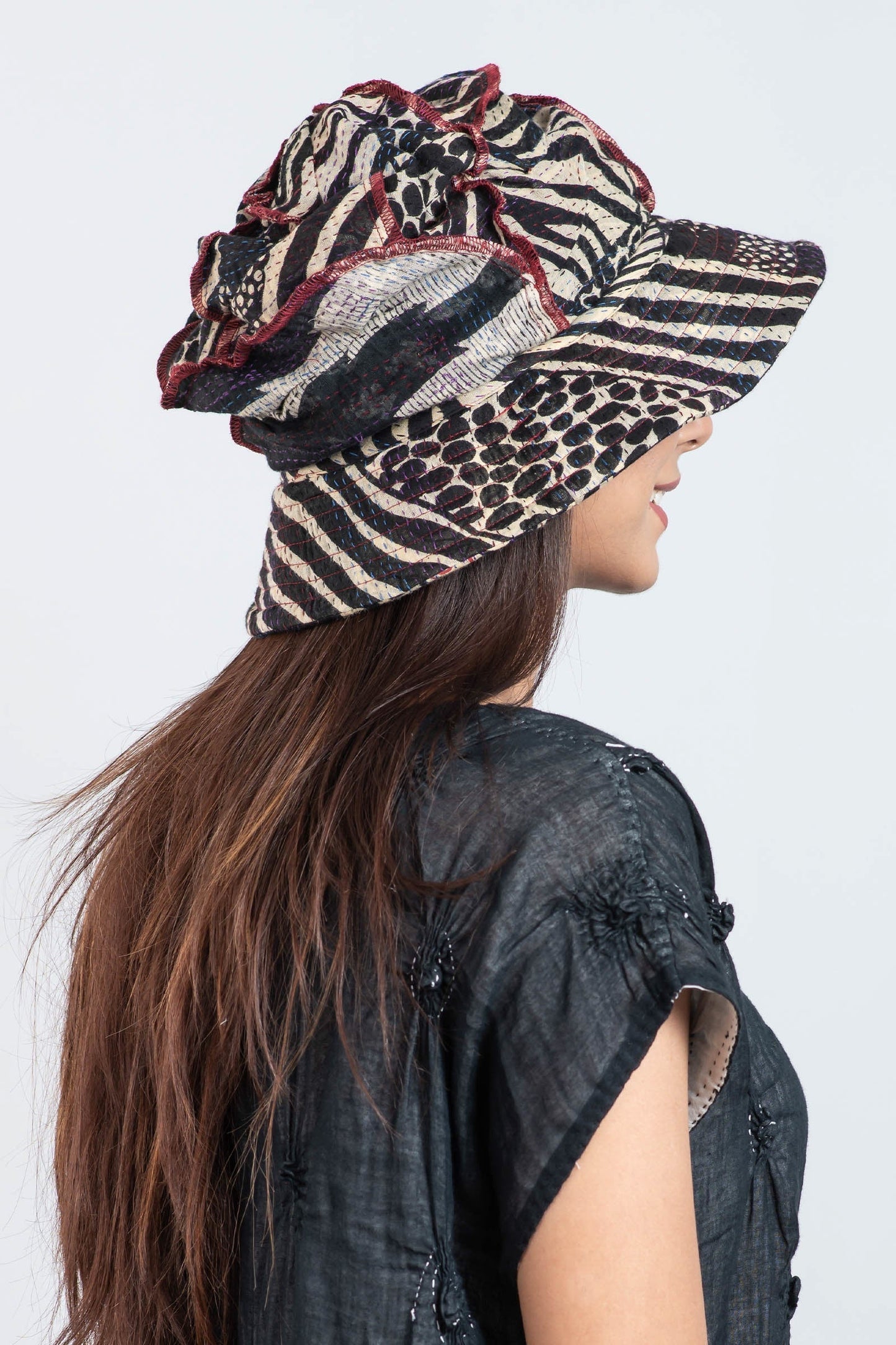 PATCHED PRINT KANTHA FULL BRIM HAT - pp2889-blk -