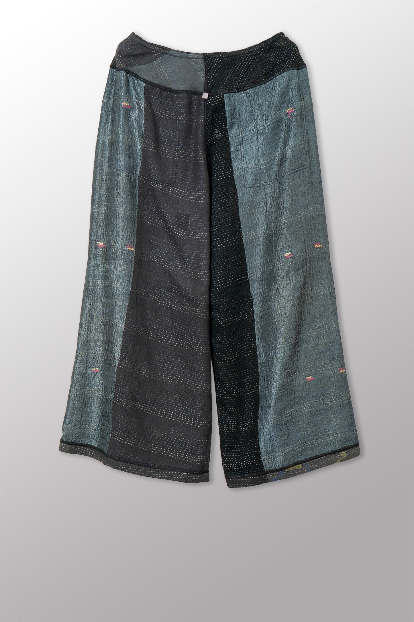 JAIPUR PATCH KANTHA MID RISE WIDE LEG PANTS - jp2665-blk -