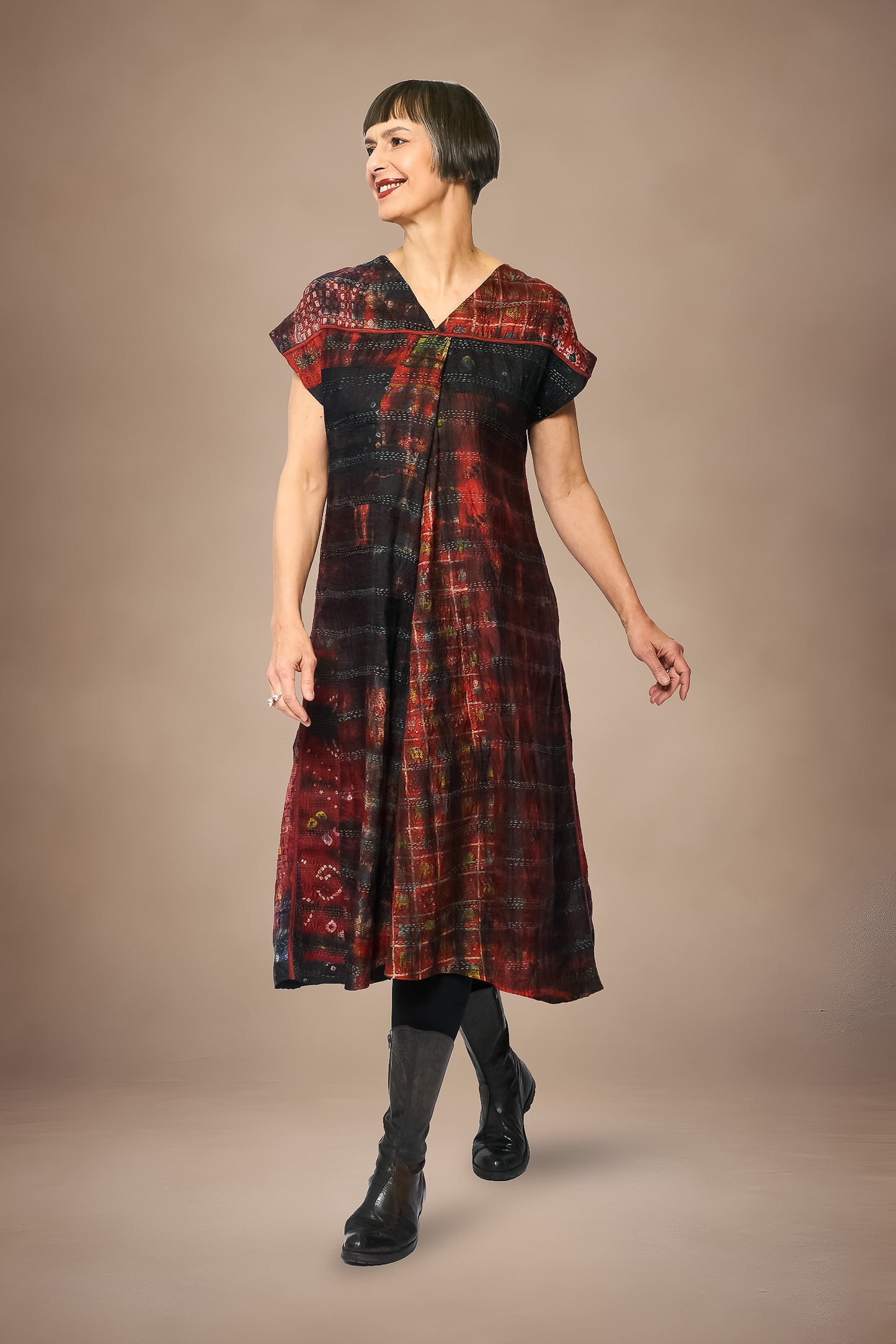 TIE DYE VINTAGE SILK KANTHA V-NECK FRENCH SLV. DRESS - st-sv2467-mrn -